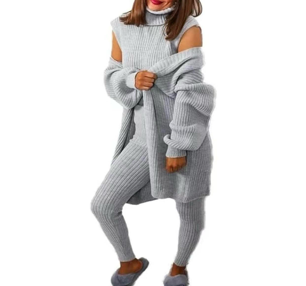Women's Ladies Long Sleeve Knit 3 Piece Roll Neck Knitted Top Open Cardigan Set Suit Womenswear