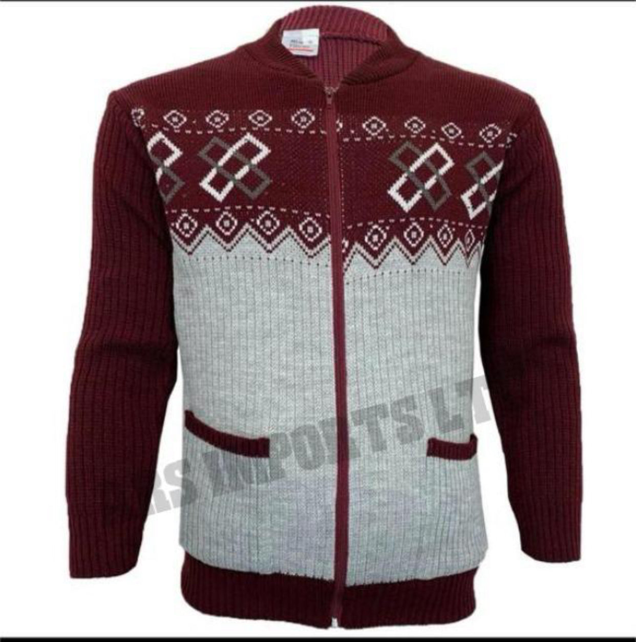 MENS ZIP UP GRANDDAD CARDIGAN CLASSIC ARGYLE KNITWEAR AZTEC TWO FRONT POCKET TOP Menswear Collar Stylish