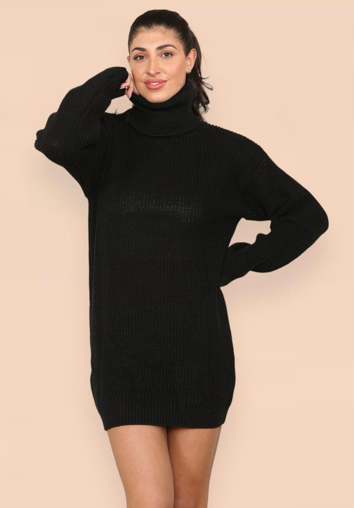 Womens Ladies Chunky Knitted High Polo Roll Over Neck Oversize Jumper Dress Womenswear