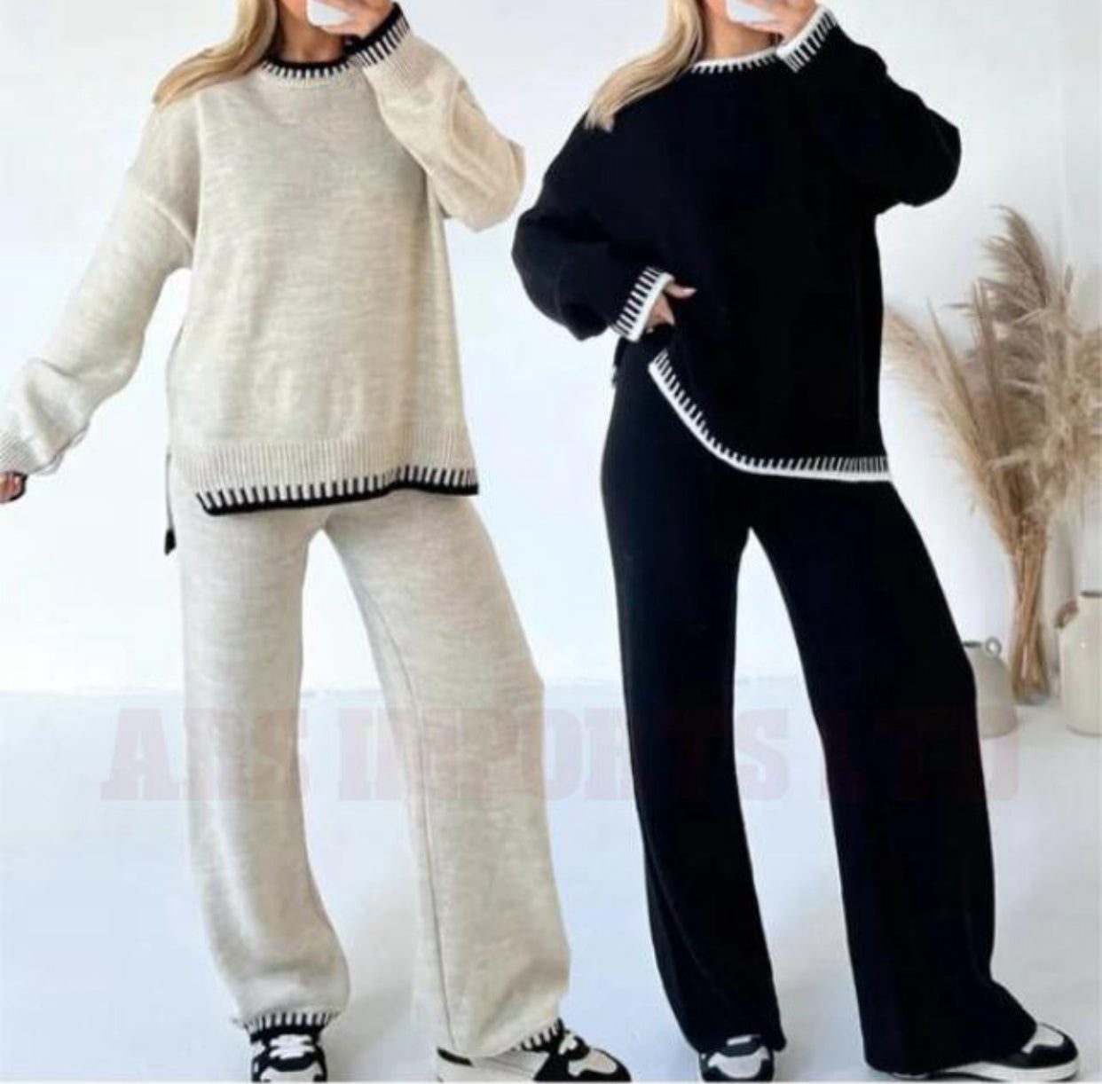 Womens Knitted Lounge Wear Ladies Wide Leg Palazzo Top Trousers Tracksuit Set Womenswear Comfortable Essential Long Sleeve Crew Neck