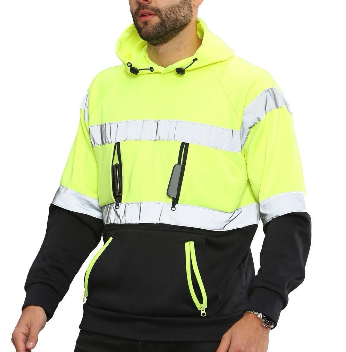 Hi Viz Vis High Visibility Hoodie Jacket Work 4 Zip Hooded SweatShirt Fleece Top Menswear