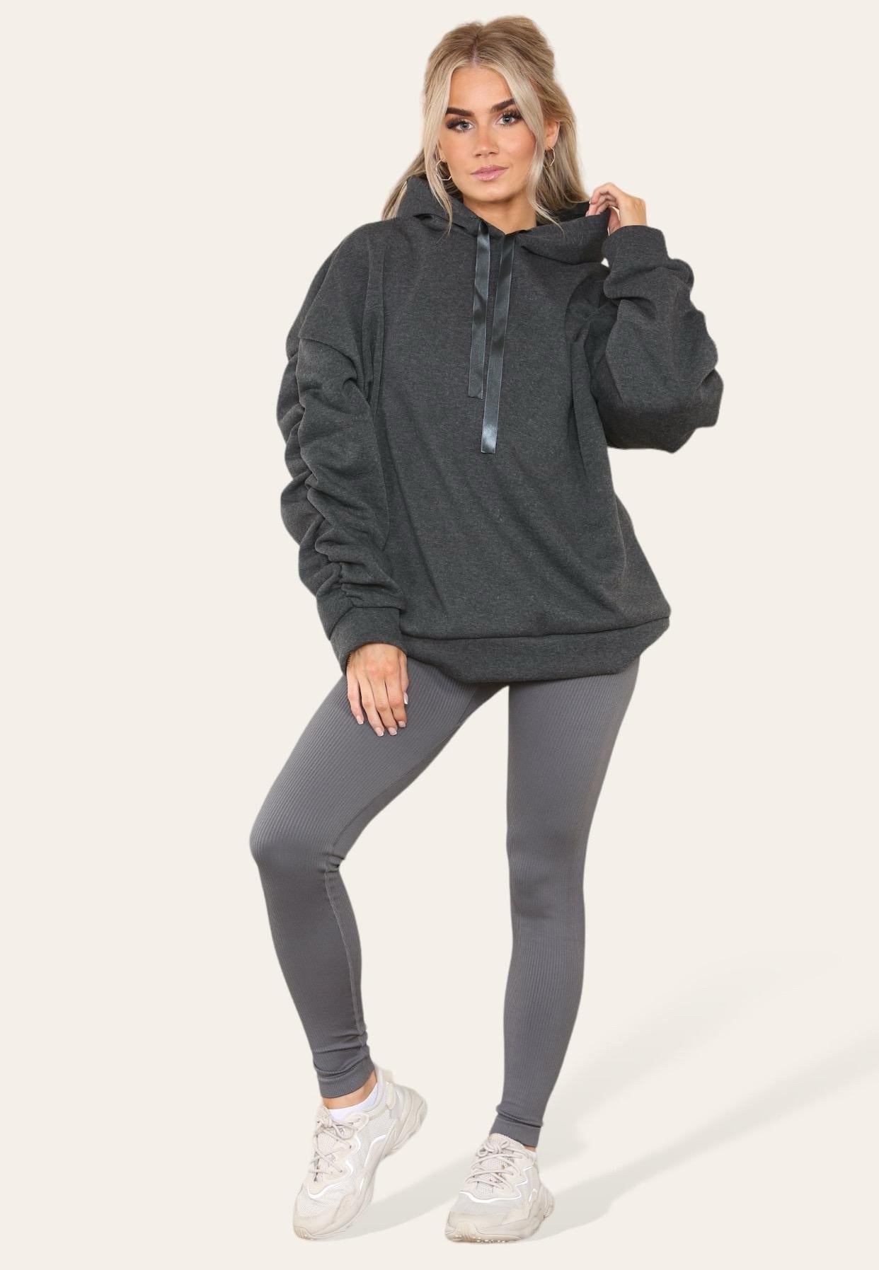 Oversized Ruched Sleeves Hoodie With Satin Ribbon with High Waist High Rise Seamless Ribbed Legging Set