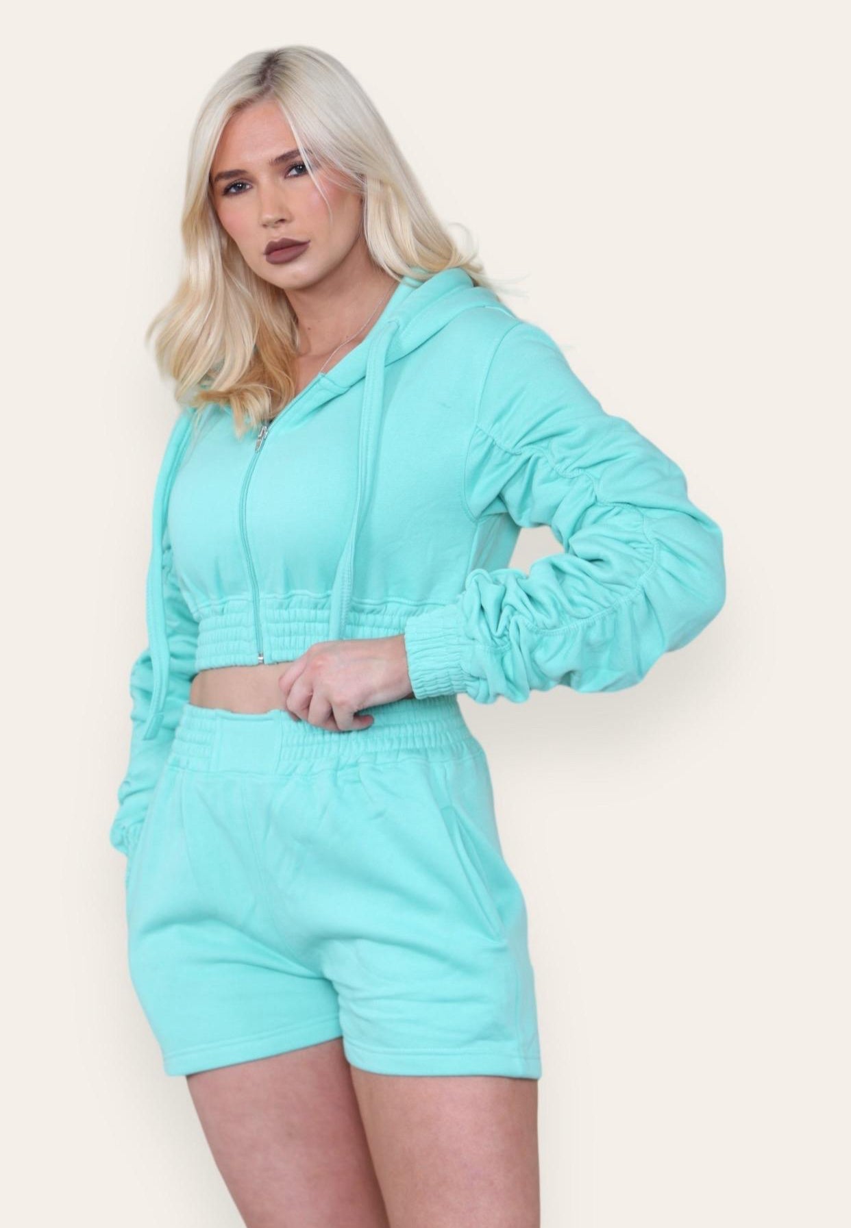 Ruched Sleeves Cropped Zip Up Front Elasticated Hem Hooded & Shorts Fleece Co-Ord Set Womenswear