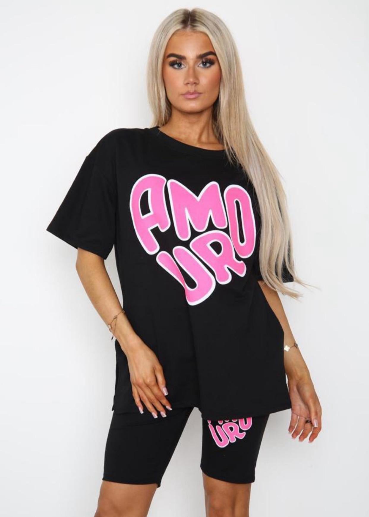 Cycling Short and T-Shirts Co-Ord Two Piece Side Slit Set with Front Printed Slogan