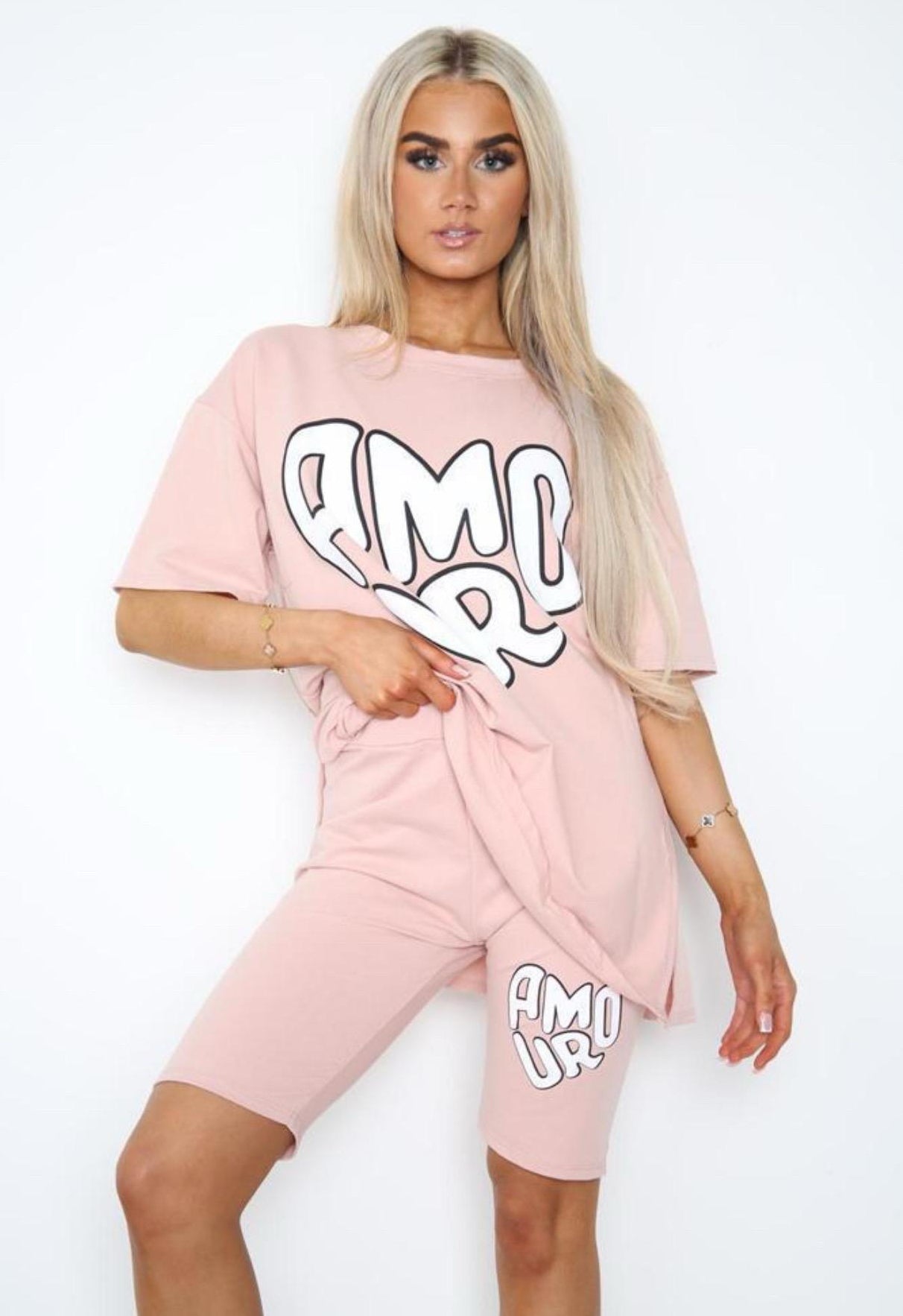 Cycling Short and T-Shirts Co-Ord Two Piece Side Slit Set with Front Printed Slogan