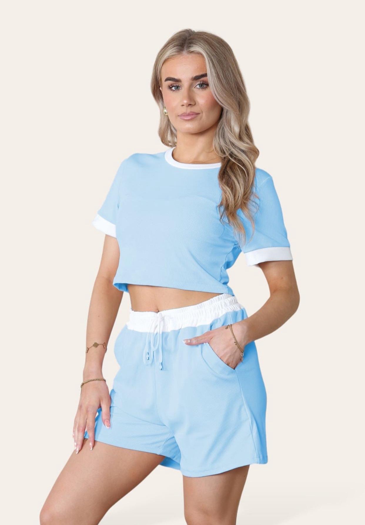 Ribbed Contrast Waistband Top and Short Set Womenswear