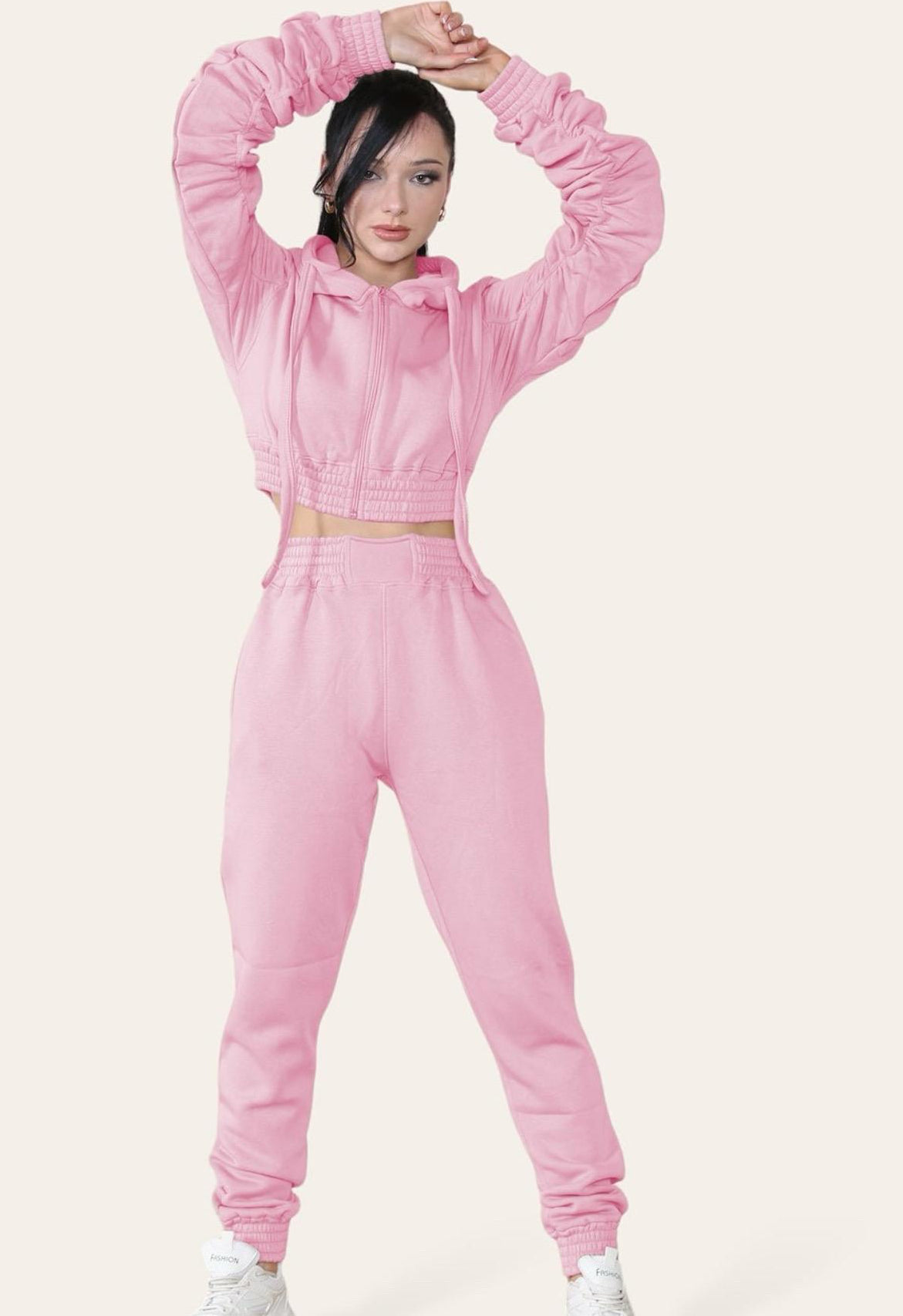 Ruched Sleeves Cropped Hoodie and Cropped Jogger Cuffed Bottom Loungewear Tracksuit Set