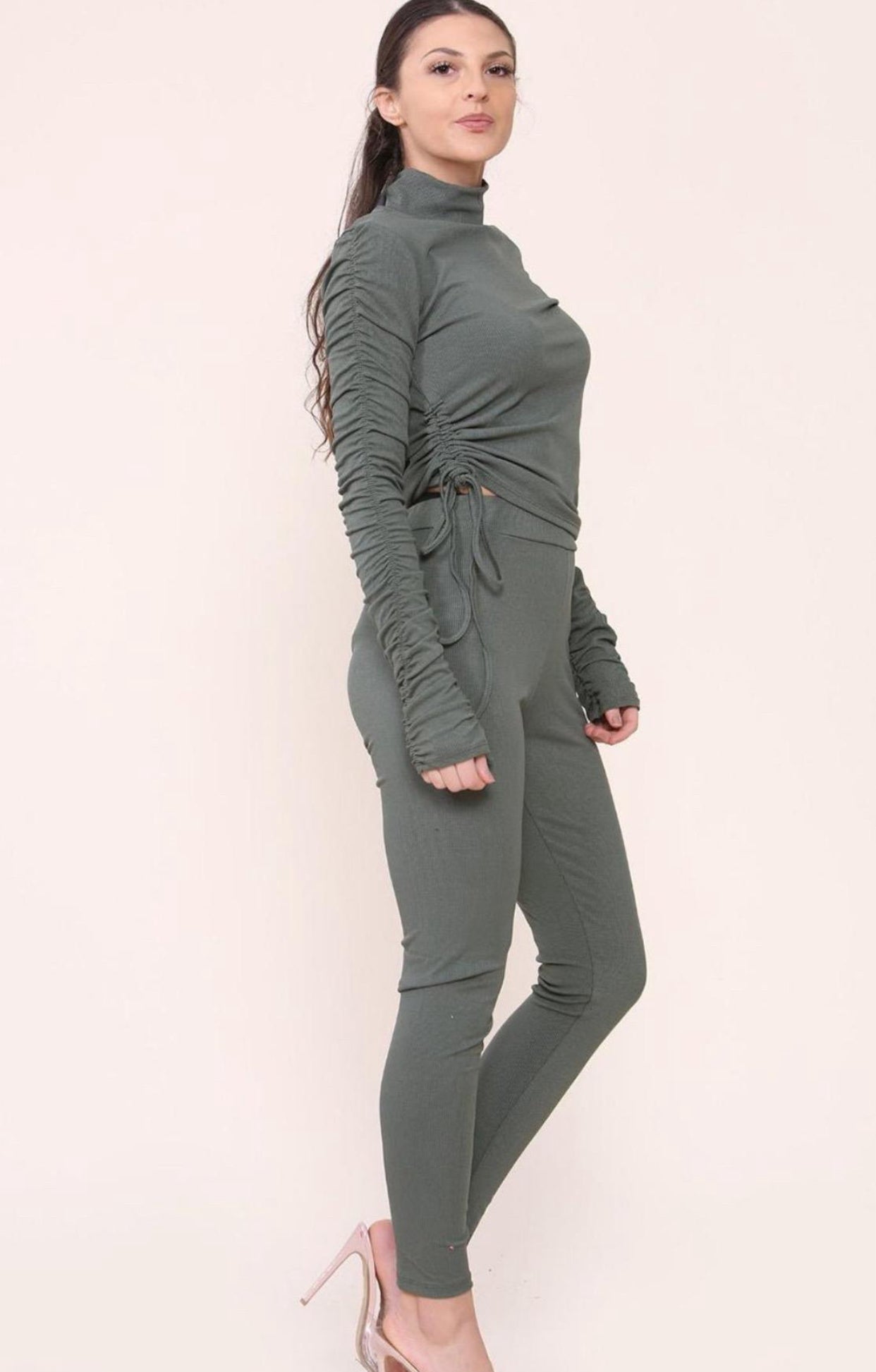 High Neck Ruched Side Arm Solid Drawstrings Ribbed Tee and Leggings set