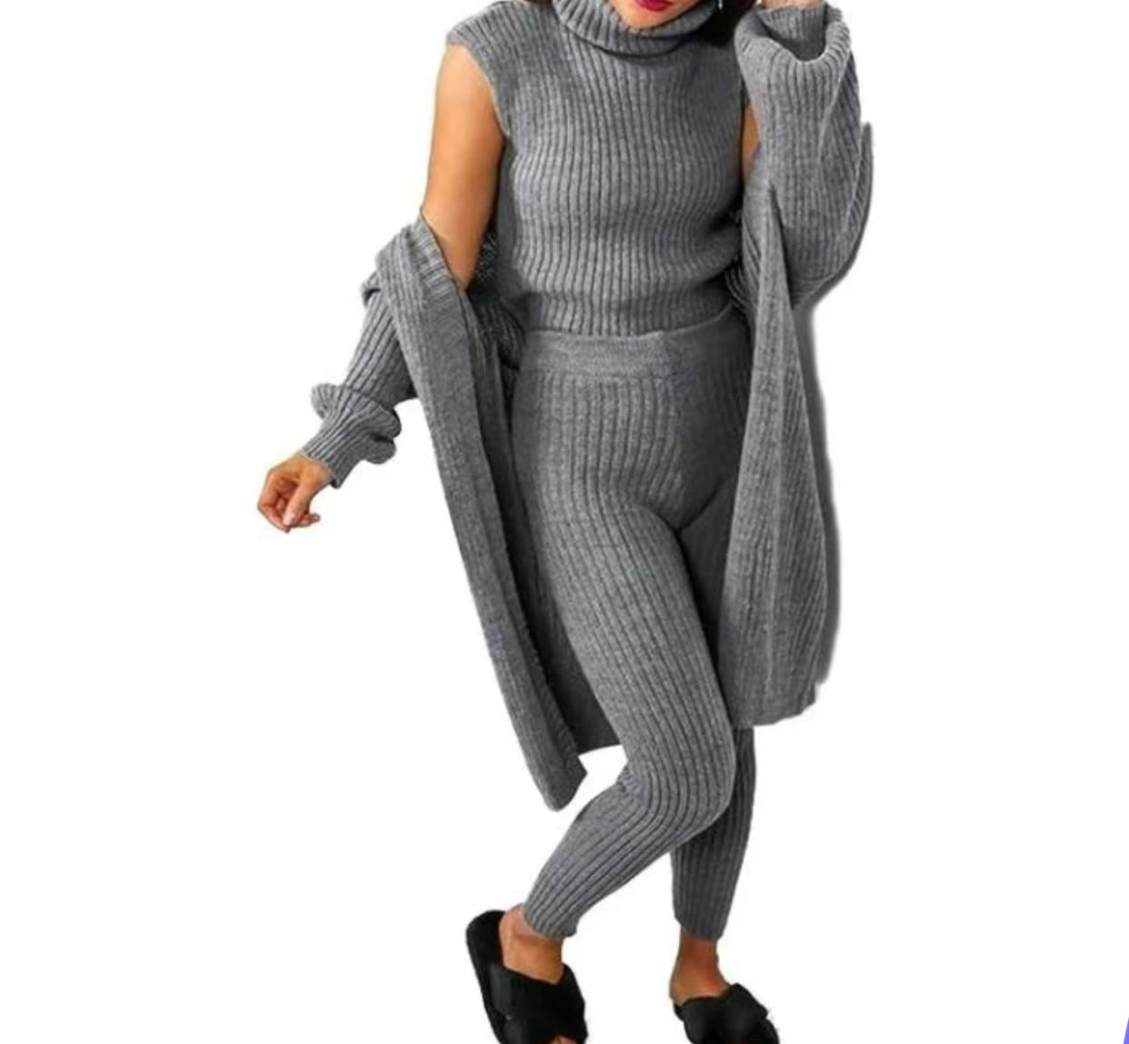 Women's Ladies Long Sleeve Knit 3 Piece Roll Neck Knitted Top Open Cardigan Set Suit Womenswear