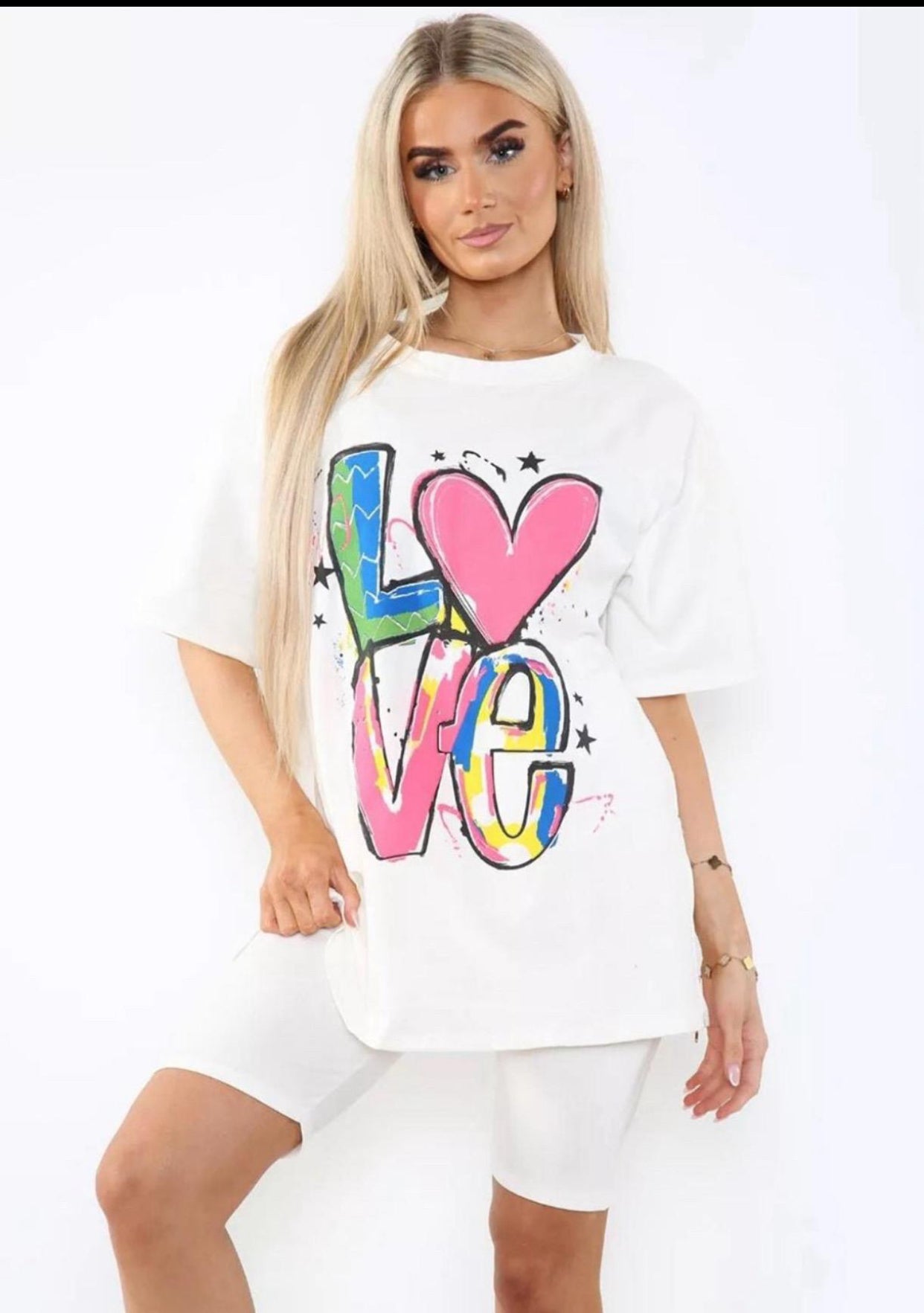 Love Side Slit Cycling Short and T-Shirts Co-Ord Two Piece Set with Front Love Slogan