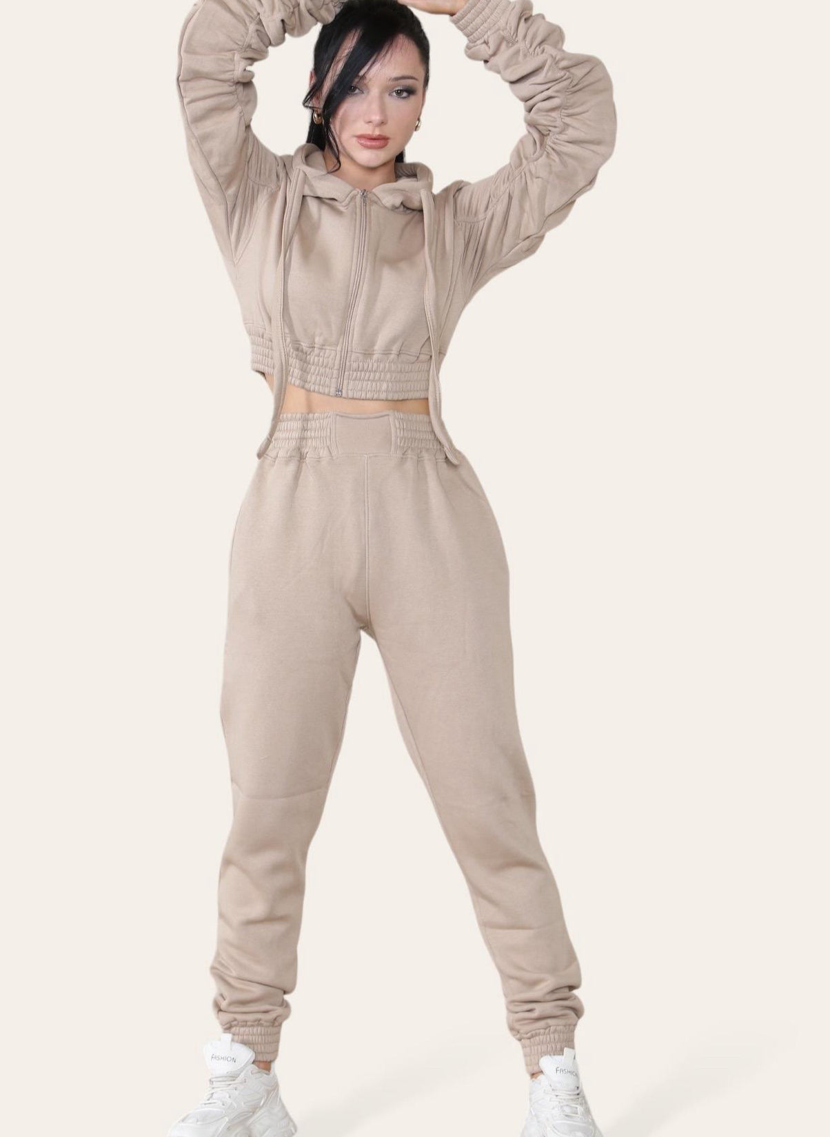 Ruched Sleeves Cropped Hoodie and Cropped Jogger Cuffed Bottom Loungewear Tracksuit Set