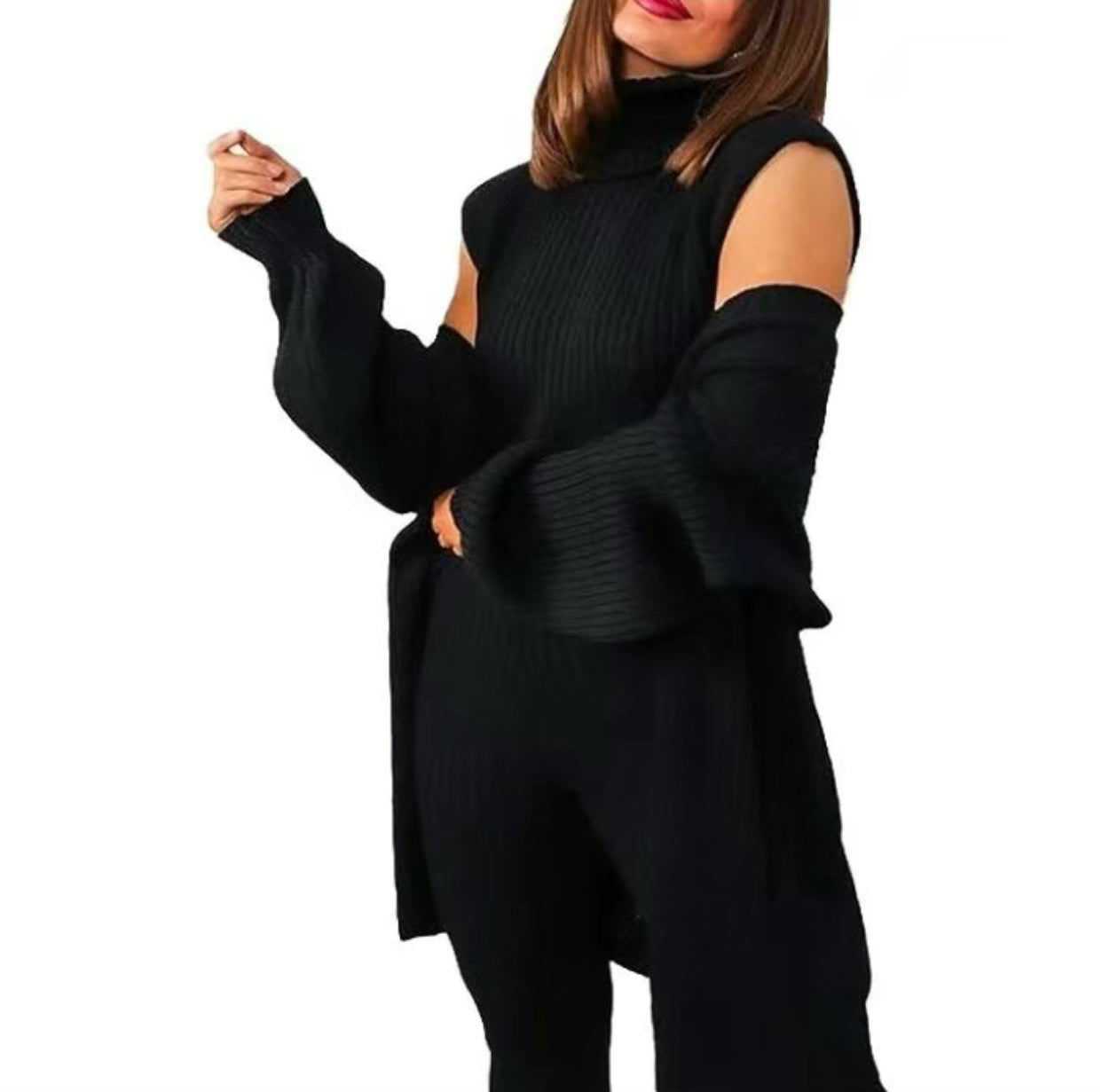 Women's Ladies Long Sleeve Knit 3 Piece Roll Neck Knitted Top Open Cardigan Set Suit Womenswear