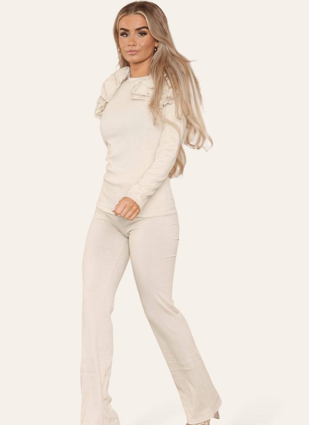 Ruffle Frill Shoulder Ribbed Loungewear Co-Ord Top & Trouser Set Womenswear