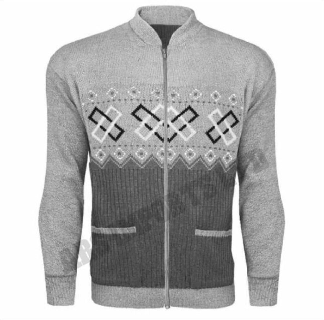 MENS ZIP UP GRANDDAD CARDIGAN CLASSIC ARGYLE KNITWEAR AZTEC TWO FRONT POCKET TOP Menswear Collar Stylish