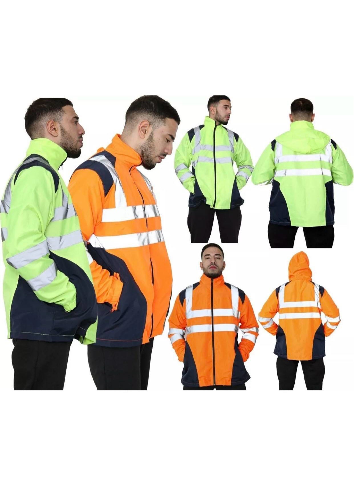 Men's Hi Vis Rian Jacket Patched Hood Waterproof Zipper Hooded Jacket Menswear
