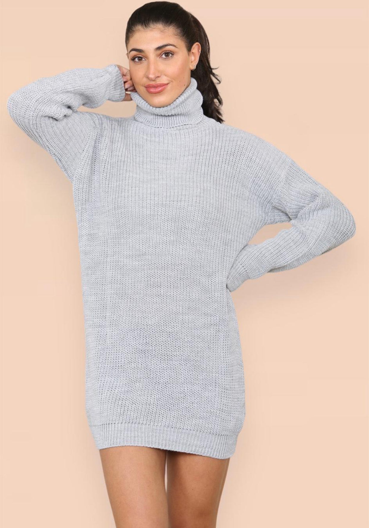 Womens Ladies Chunky Knitted High Polo Roll Over Neck Oversize Jumper Dress Womenswear
