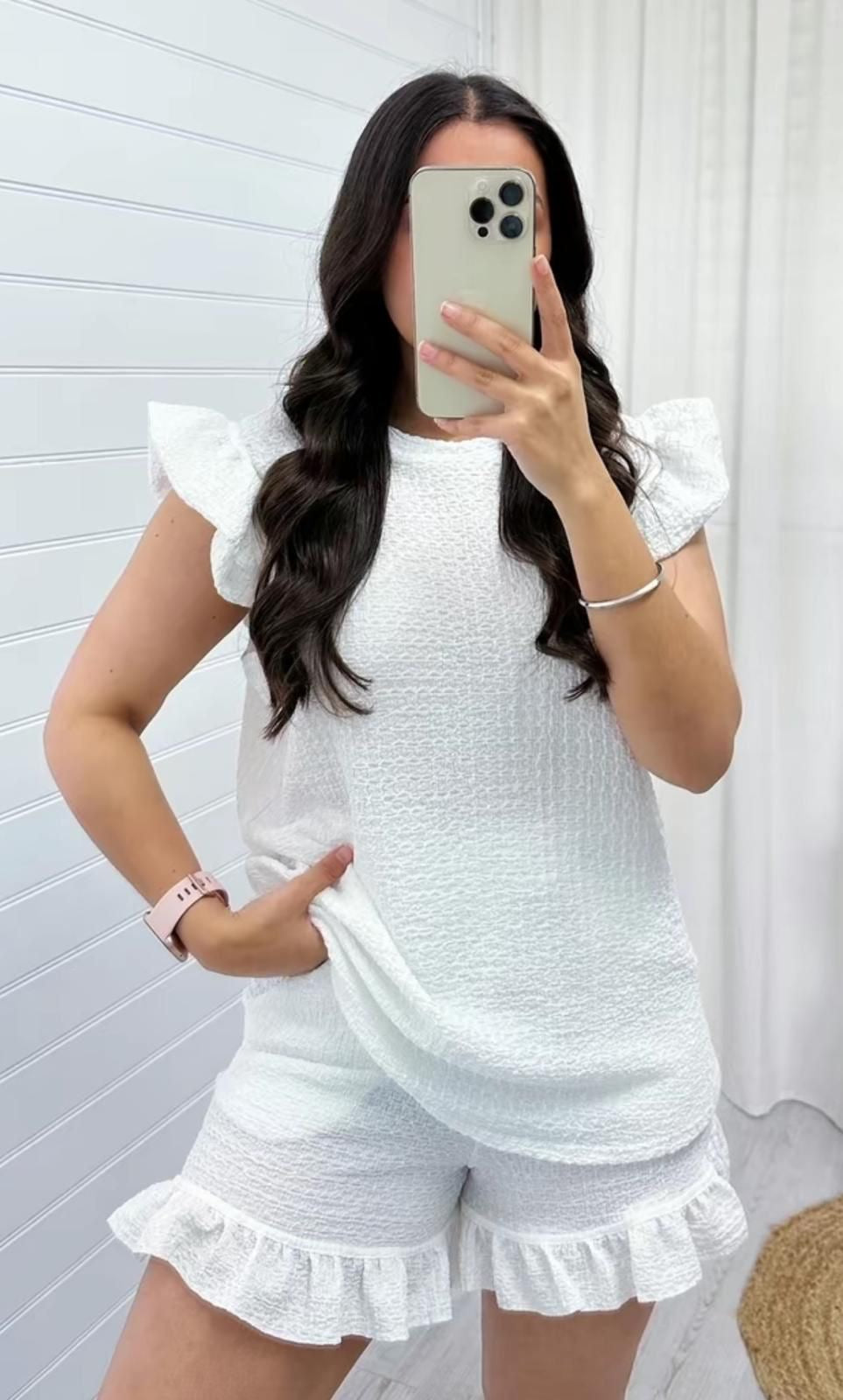 Women's Super Soft Pop Corn Materi Frill Sleeve Short 2PCS Co Ord Loungewear Sets Womenswear