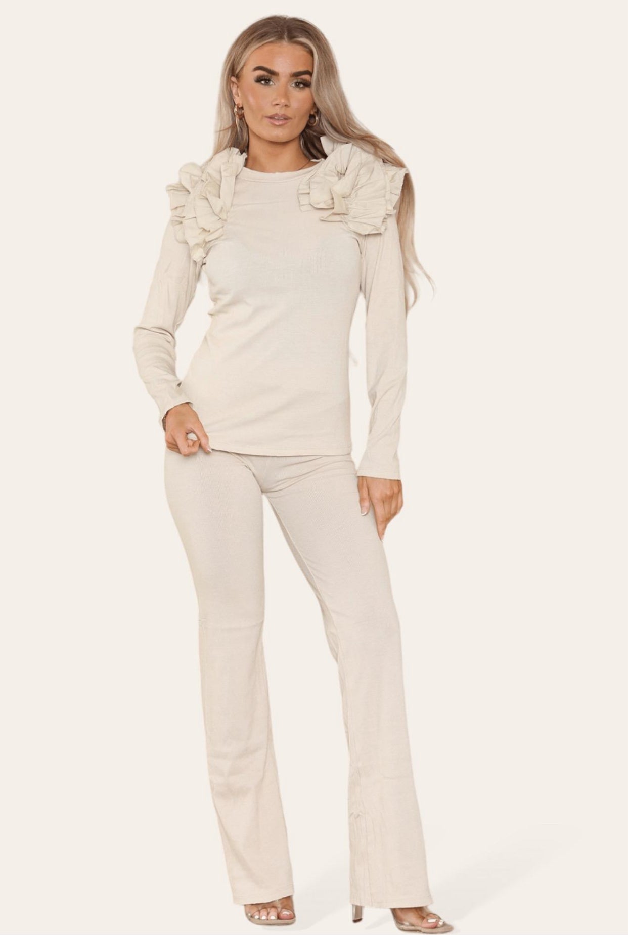 Ruffle Frill Shoulder Ribbed Loungewear Co-Ord Top & Trouser Set Womenswear
