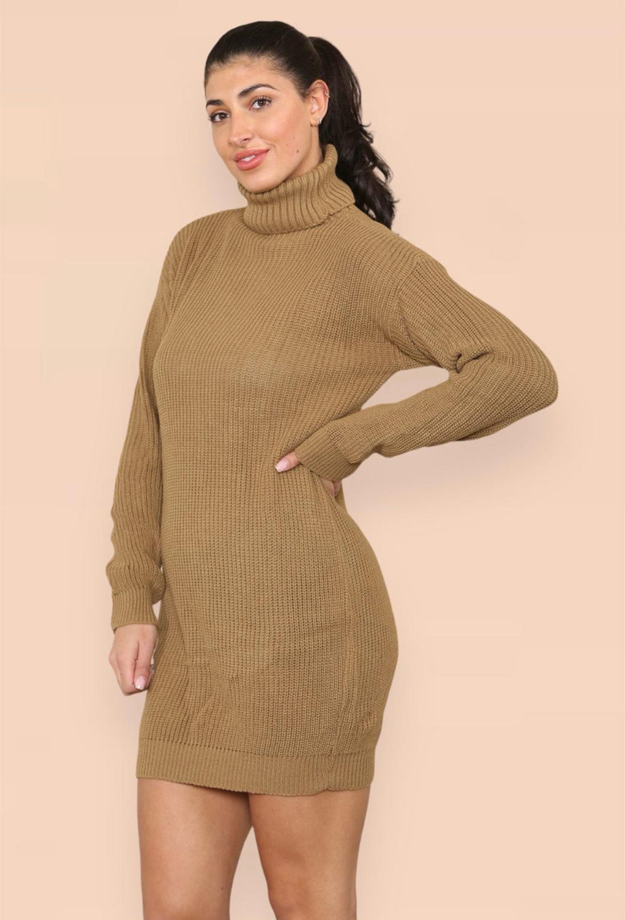 Womens Ladies Chunky Knitted High Polo Roll Over Neck Oversize Jumper Dress Womenswear