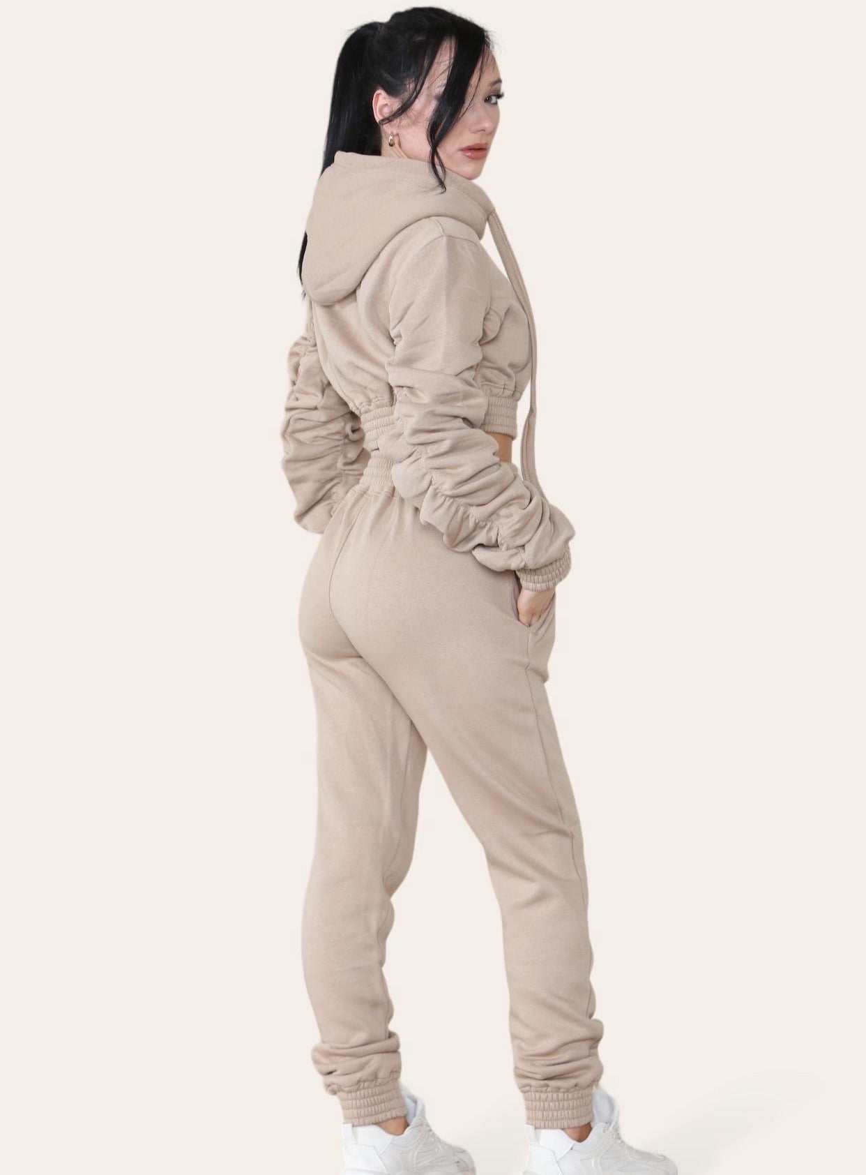 Ruched Sleeves Cropped Hoodie and Cropped Jogger Cuffed Bottom Loungewear Tracksuit Set