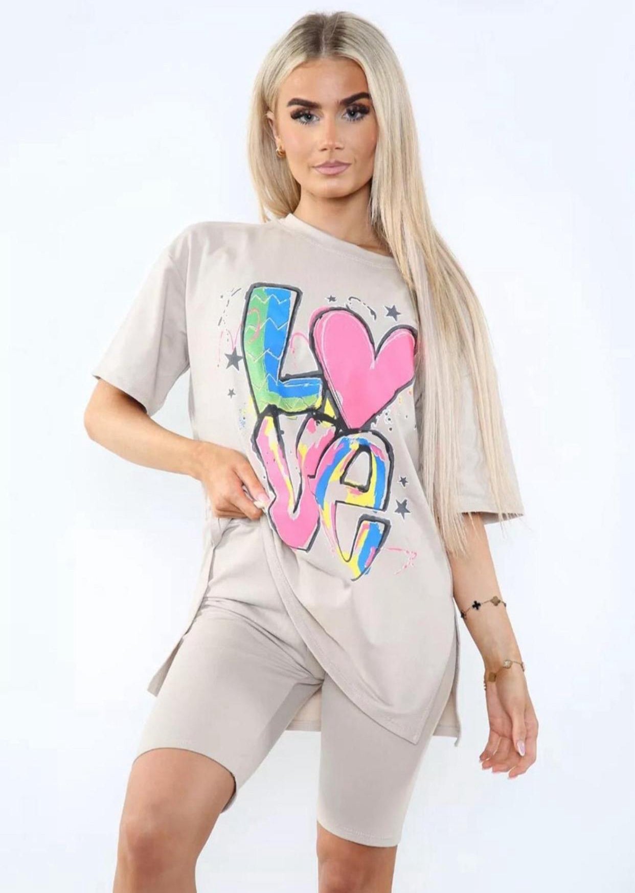 Love Side Slit Cycling Short and T-Shirts Co-Ord Two Piece Set with Front Love Slogan