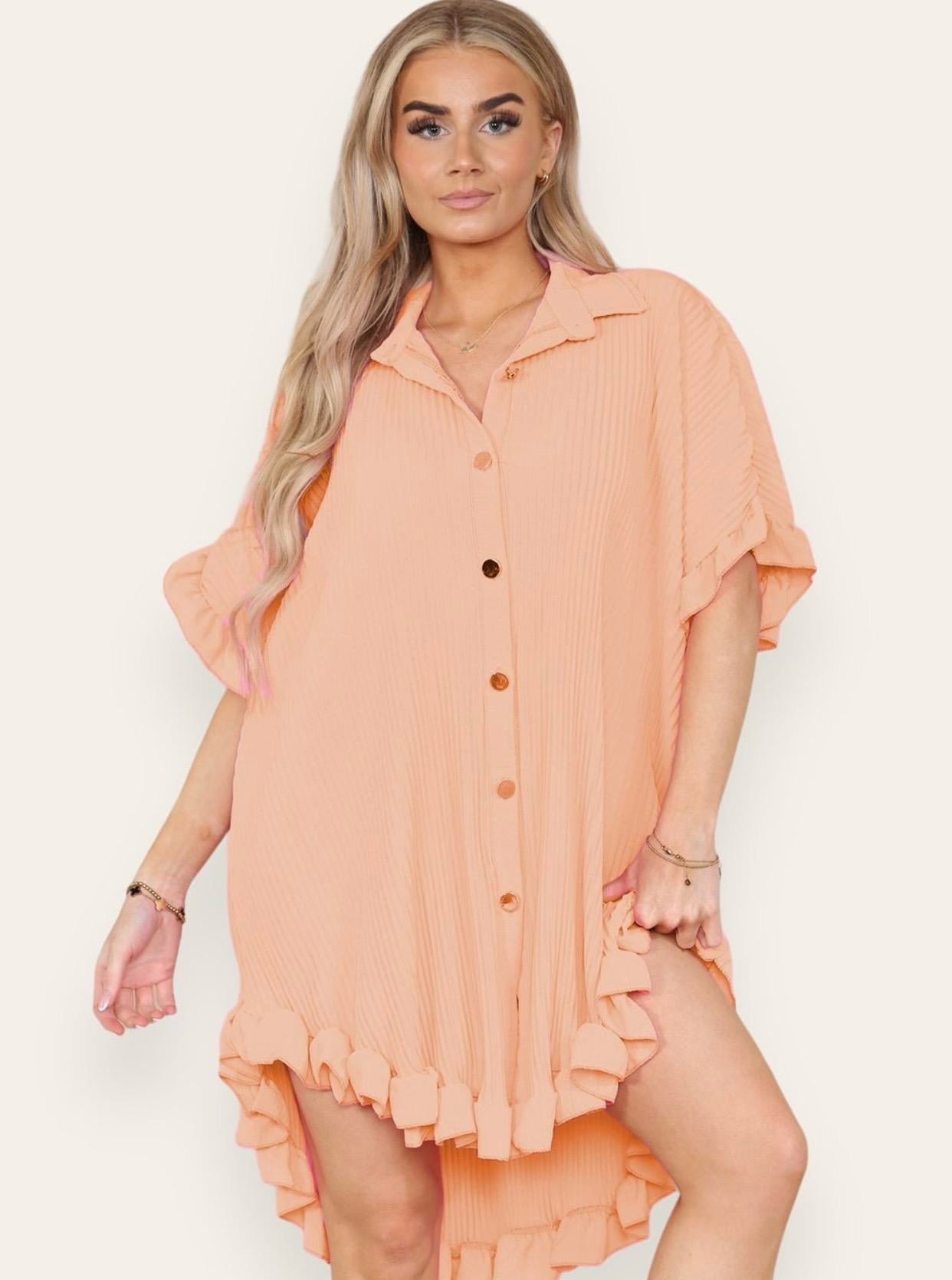Women's Shirt Dress Pleated Short Sleeve Loose Italian Buttons Plain Detail Summer
