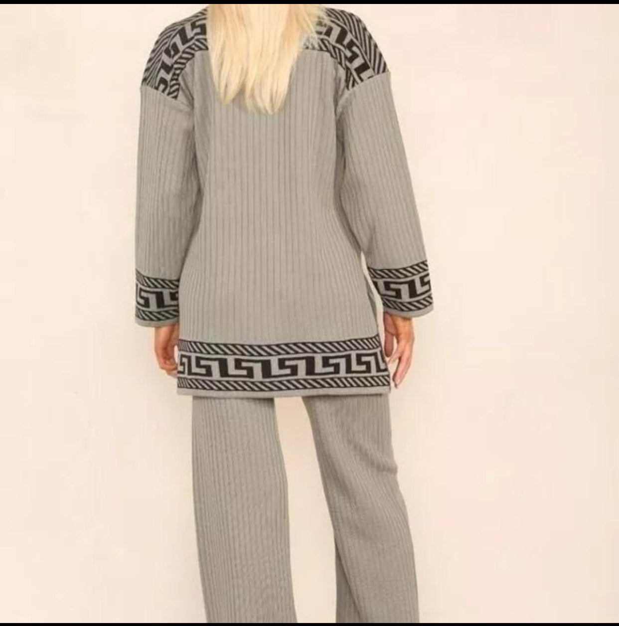 Women High Neck Ribbed knitted Geometric print 2pcs suit casual loungewear dress