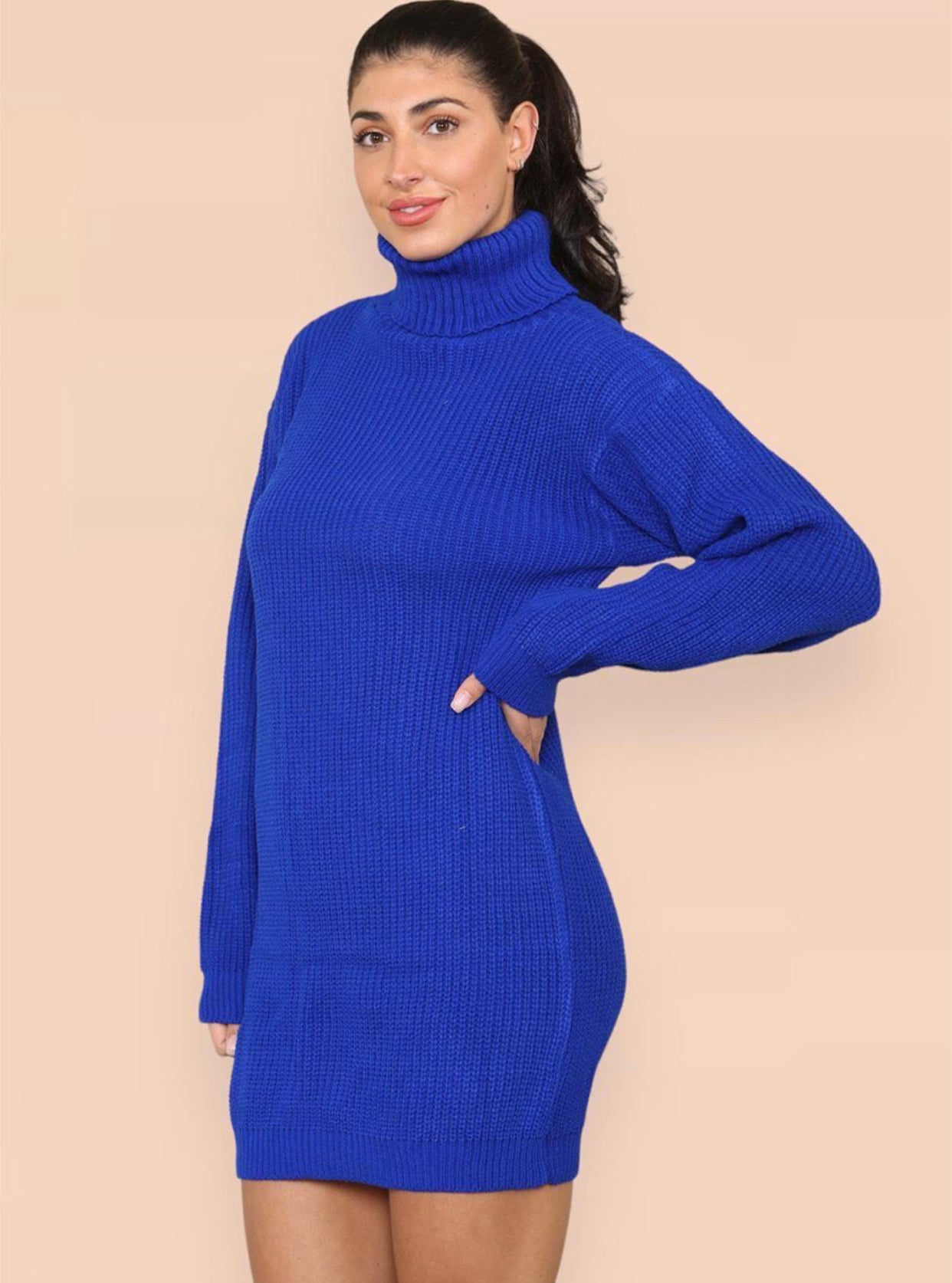 Womens Ladies Chunky Knitted High Polo Roll Over Neck Oversize Jumper Dress Womenswear