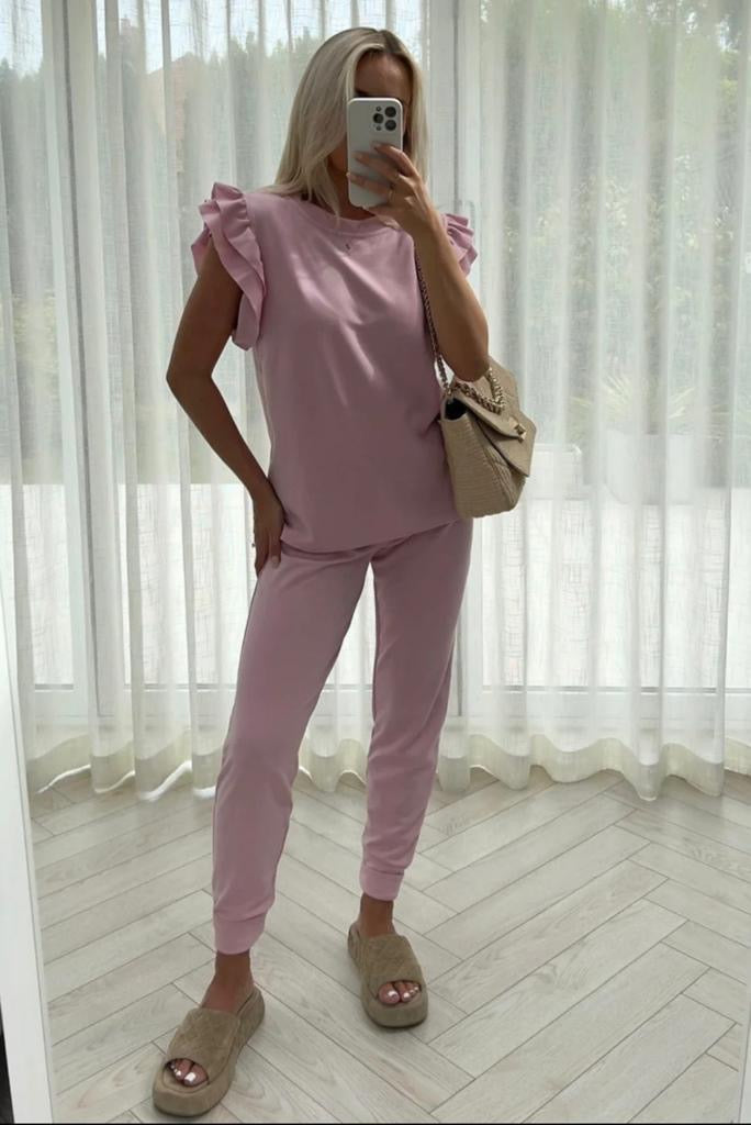 Womens Tracksuit Frill Peplum Sleeve Boxy Top Bottom Ladies Lounge Wear Set Womenswear