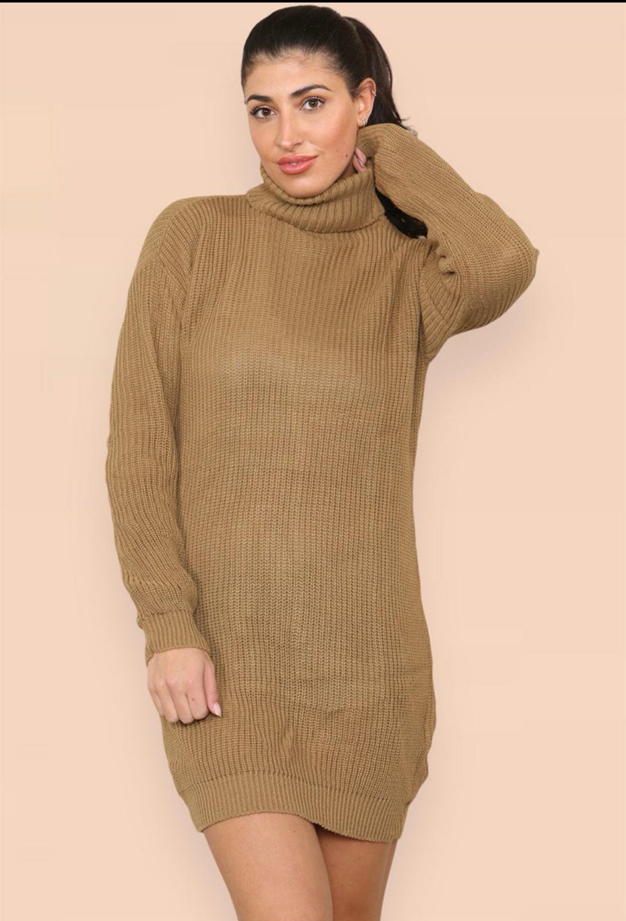 Womens Ladies Chunky Knitted High Polo Roll Over Neck Oversize Jumper Dress Womenswear