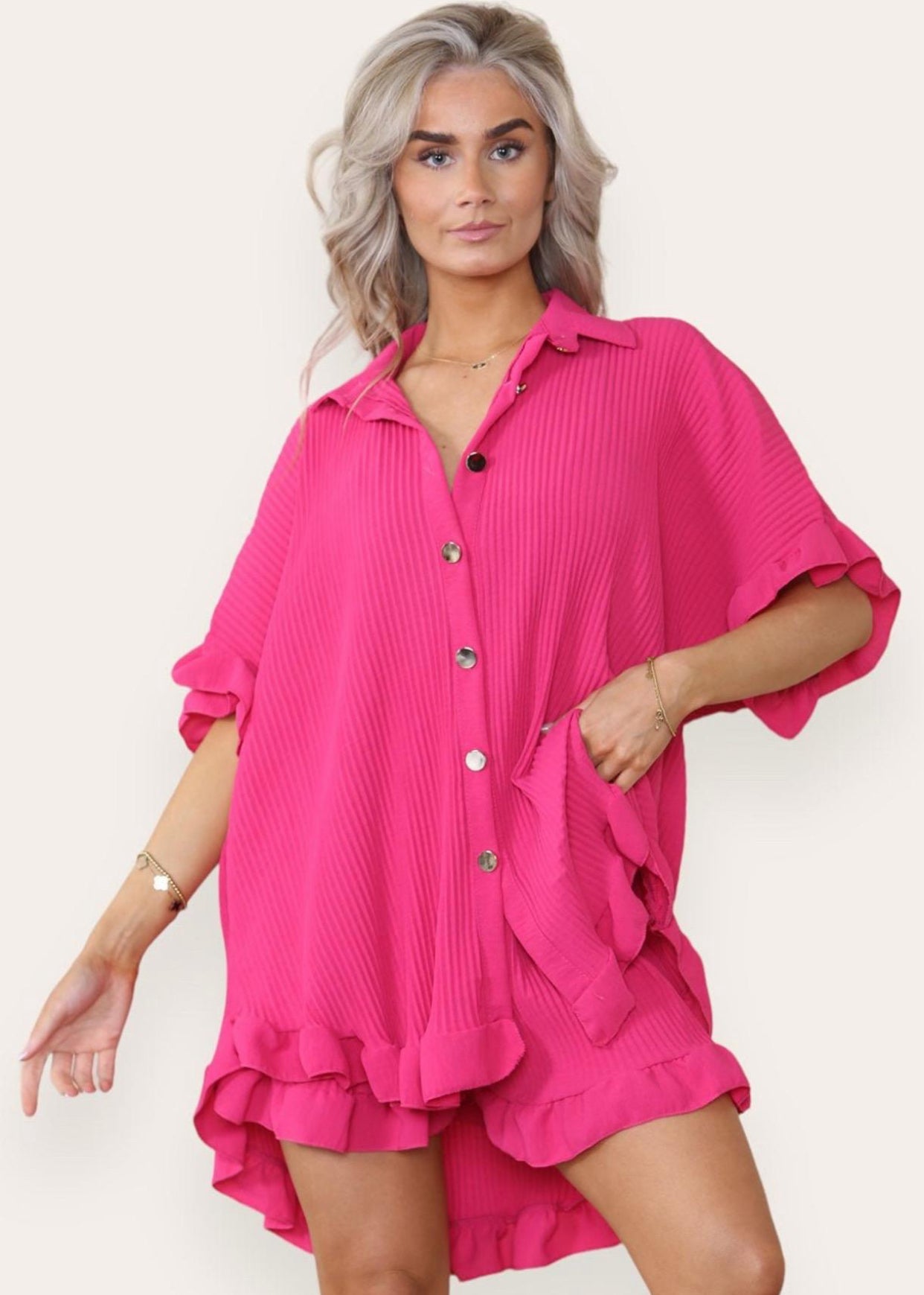 Womens Gold Button Pleated Dress Ladies Frill Collared Shirt Shorts Co ord Set Womenswear