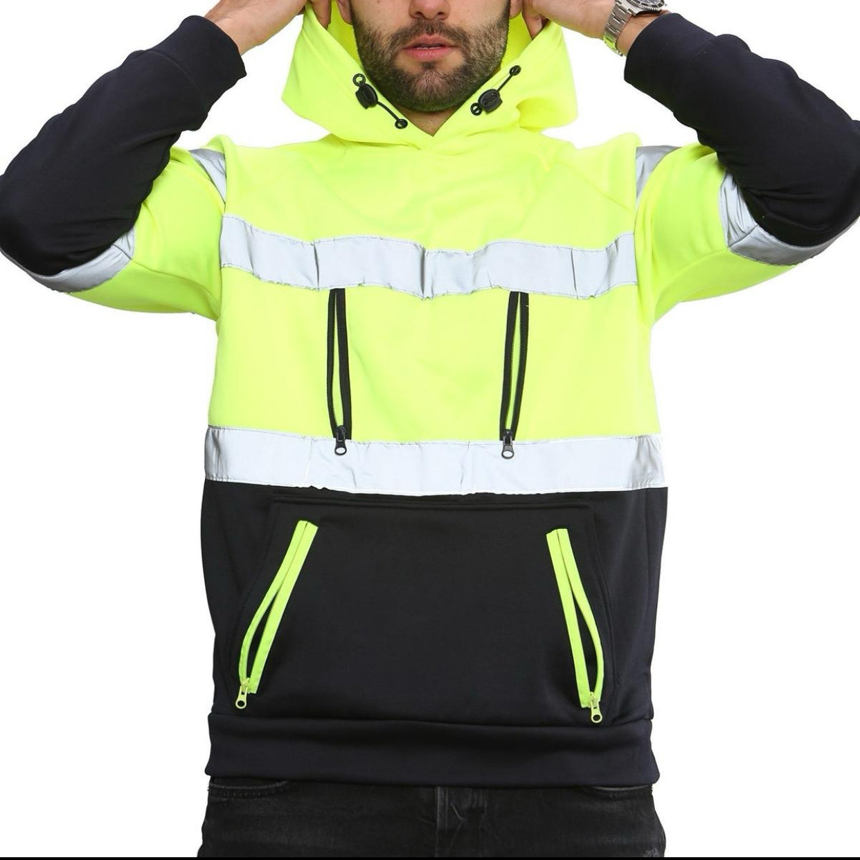 Hi Viz Vis High Visibility Hoodie Jacket Work 4 Zip Hooded SweatShirt Fleece Top Menswear