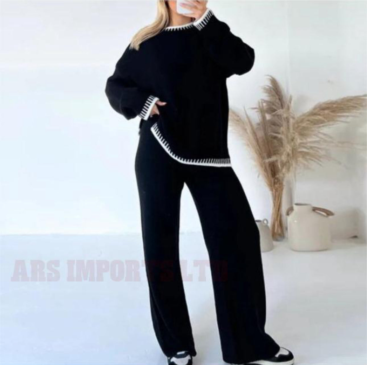 Womens Knitted Lounge Wear Ladies Wide Leg Palazzo Top Trousers Tracksuit Set Womenswear Comfortable Essential Long Sleeve Crew Neck