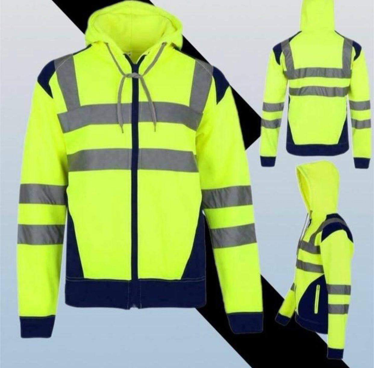 Mens Hi Vis Jacket Work Safety Visibility Contrast Patches Zipper Fleece Hoodies Menswear