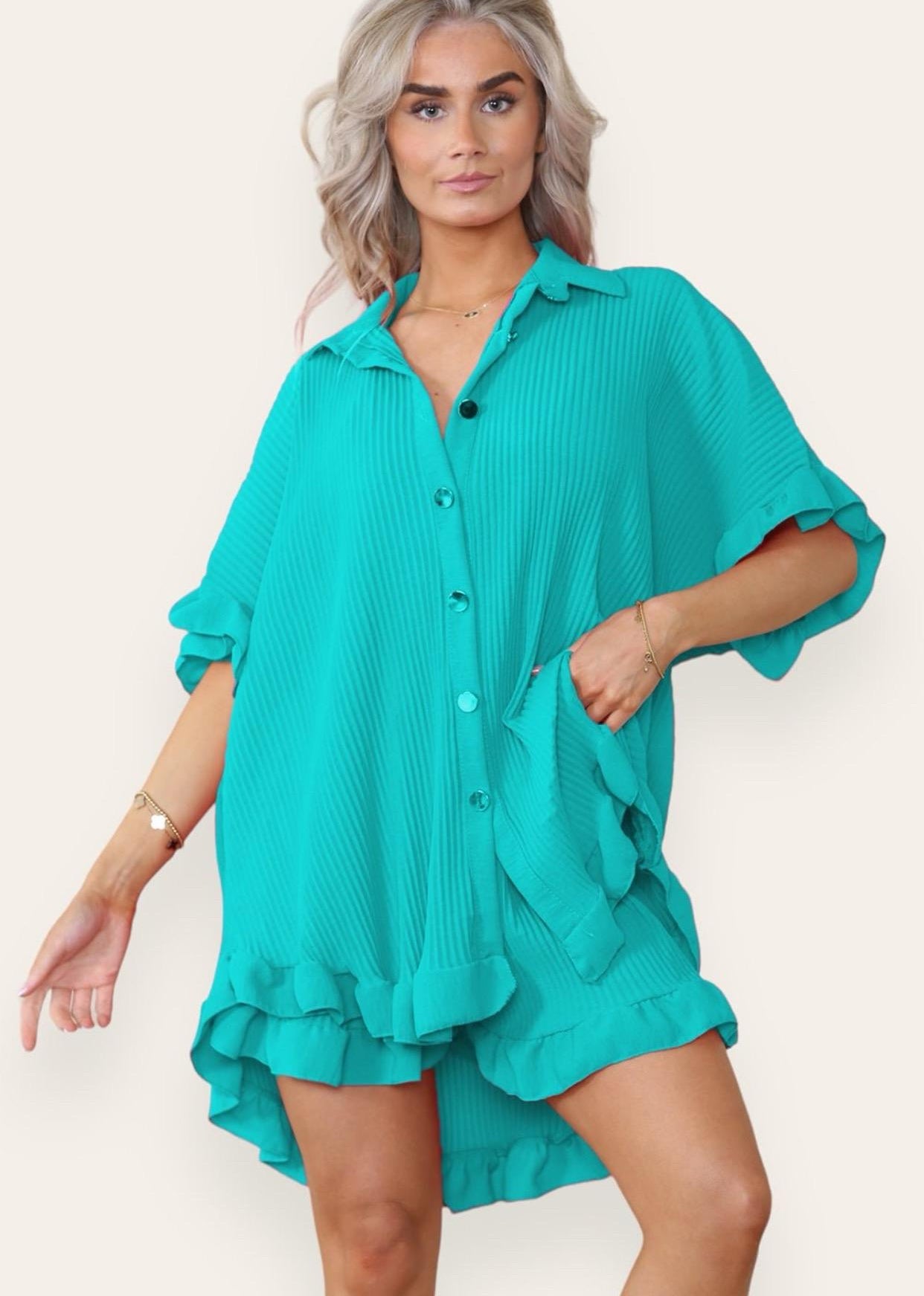 Womens Gold Button Pleated Dress Ladies Frill Collared Shirt Shorts Co ord Set Womenswear