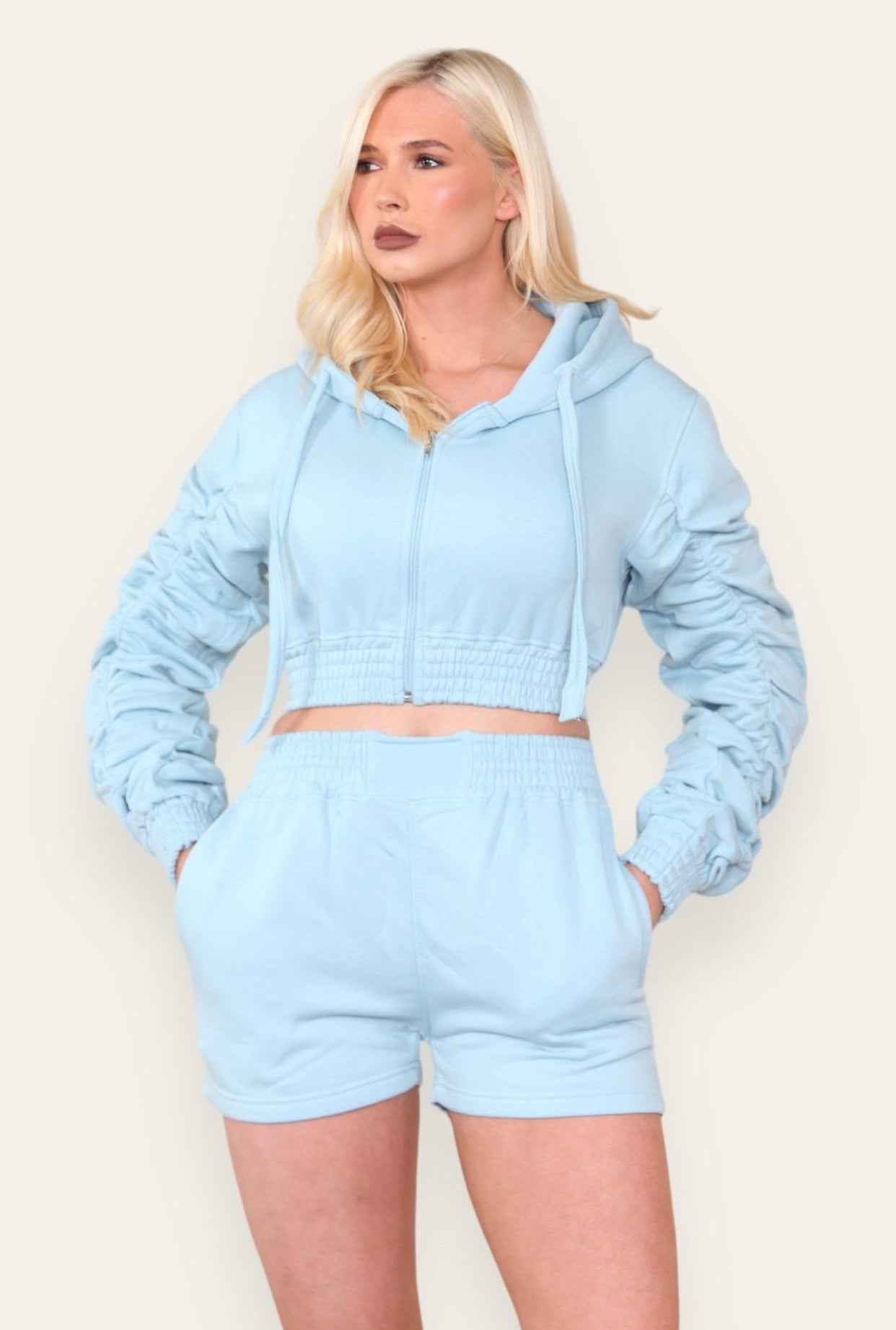 Ruched Sleeves Cropped Zip Up Front Elasticated Hem Hooded & Shorts Fleece Co-Ord Set Womenswear