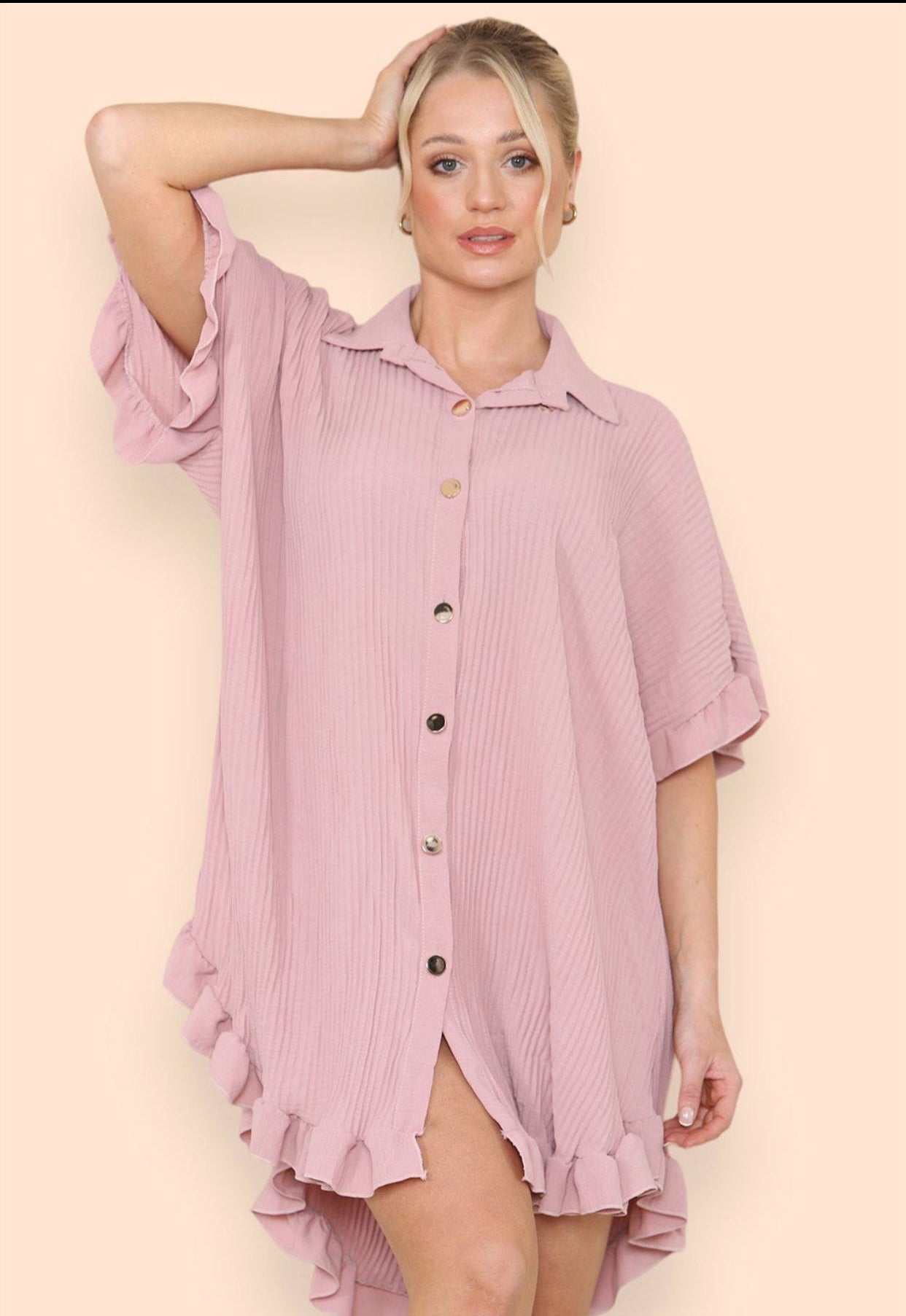 Women's Shirt Dress Pleated Short Sleeve Loose Italian Buttons Plain Detail Summer