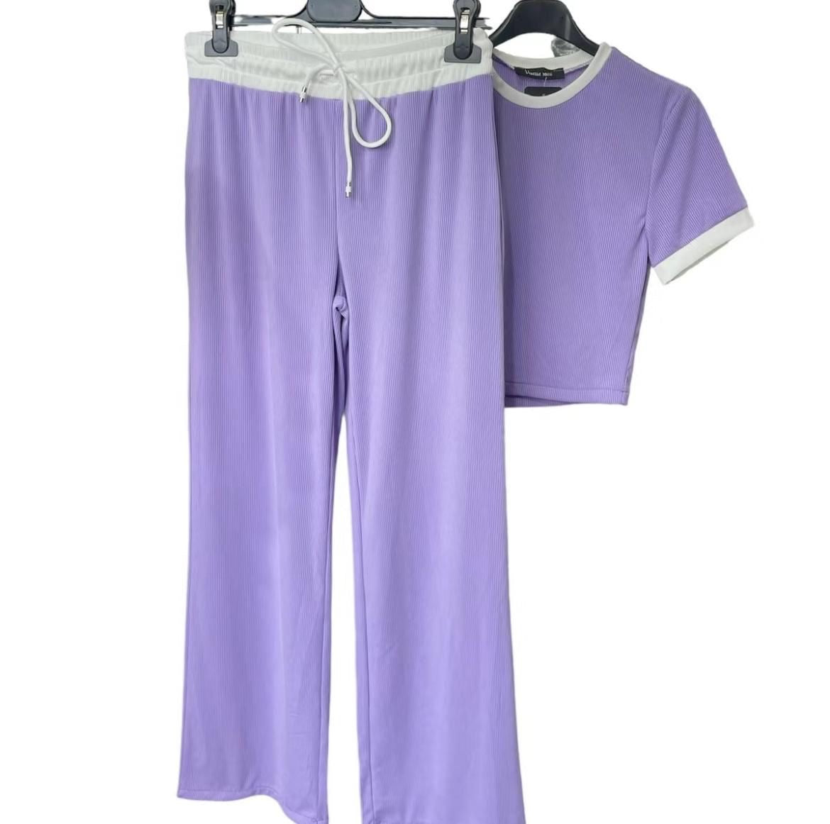 Ribbed Contrast Wide Leg Flared Trousers And Top Loungewear
TRS Cropped Set