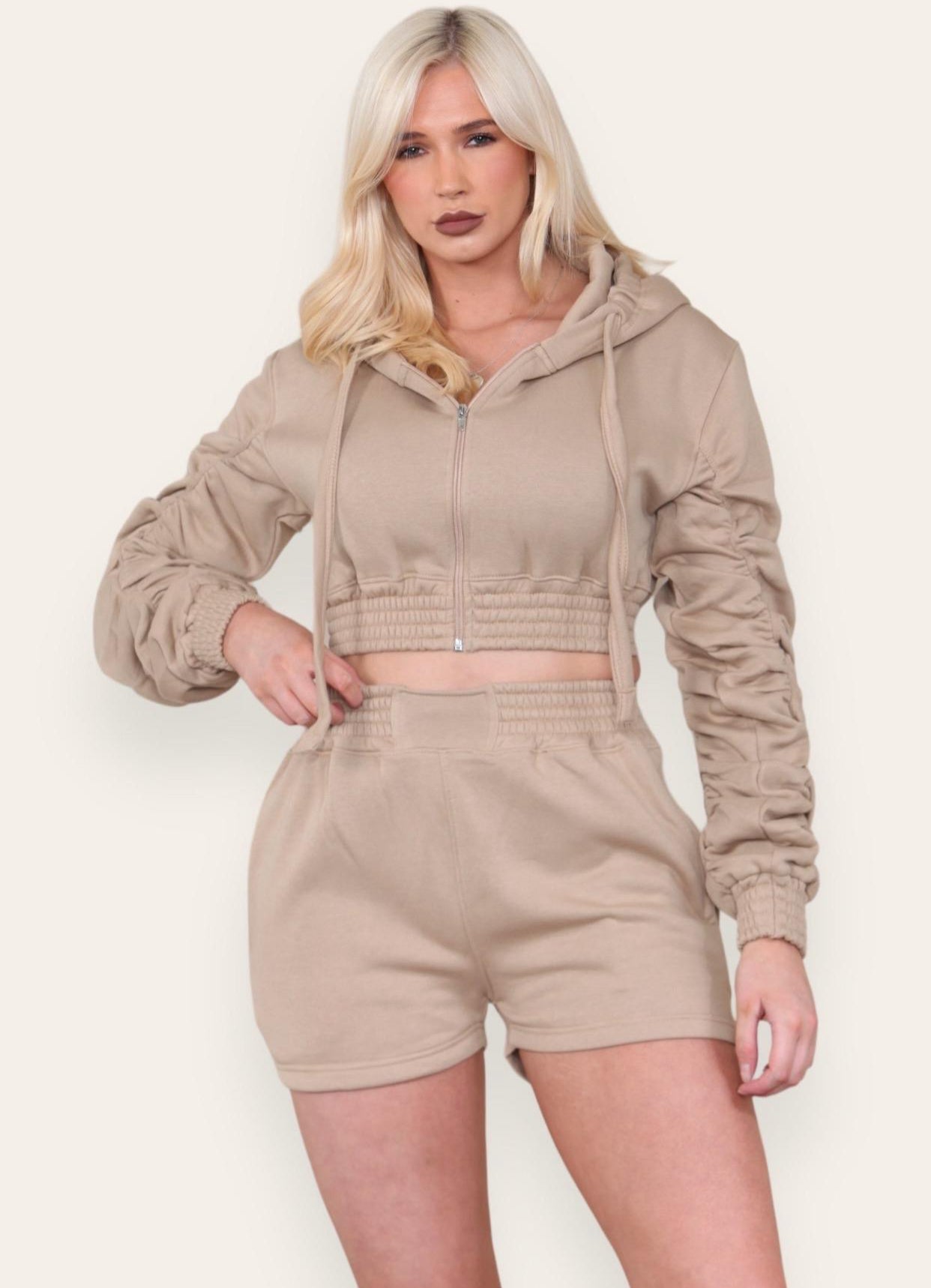 Ruched Sleeves Cropped Zip Up Front Elasticated Hem Hooded & Shorts Fleece Co-Ord Set Womenswear