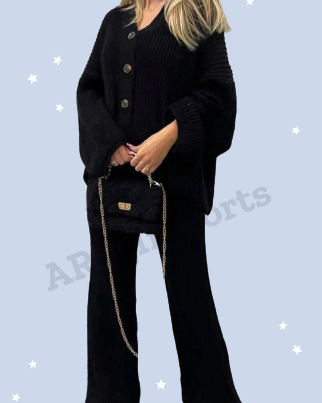 Ladies Rib Knitted Button Cardigan Palazzo Trousers Suit Womens Lounge Wear Set Womenswear