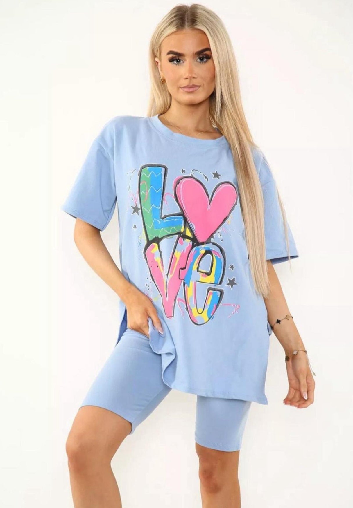 Love Side Slit Cycling Short and T-Shirts Co-Ord Two Piece Set with Front Love Slogan