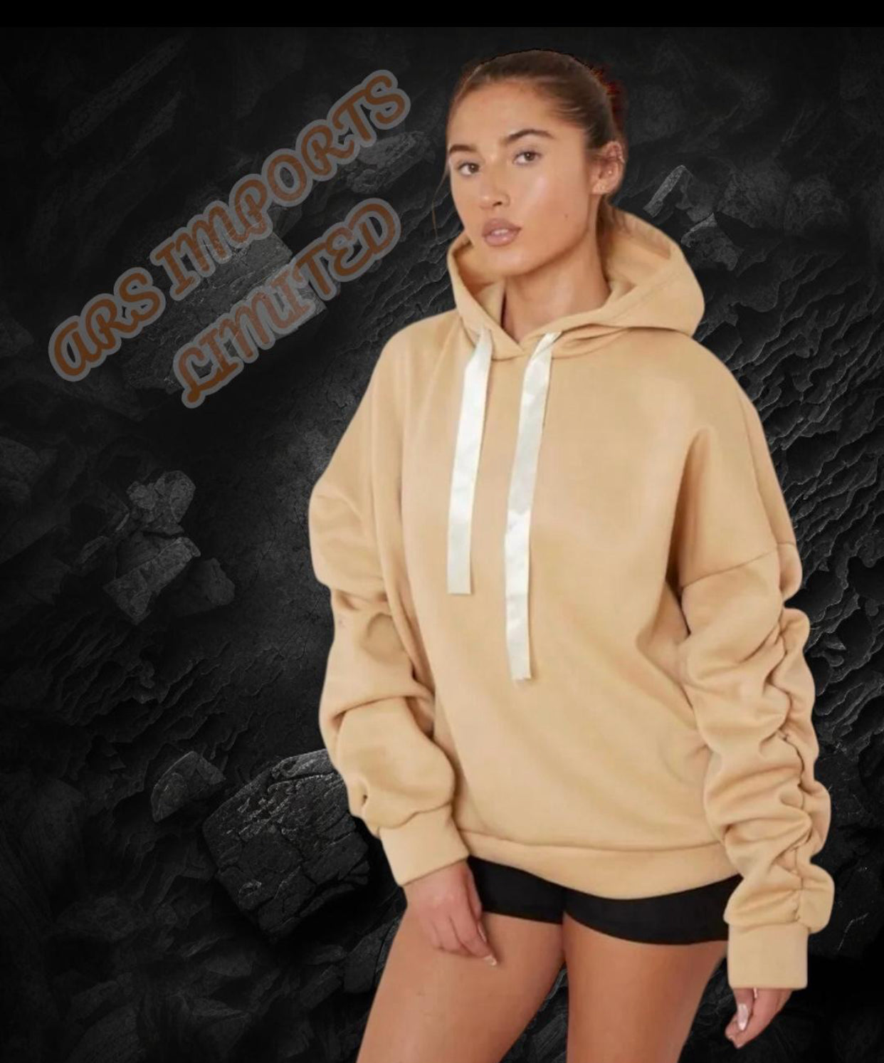 Womens Ruched Sleeve Oversized Hooded With Ribbon Ladies Sweatshirt Jumper Top Womenswear