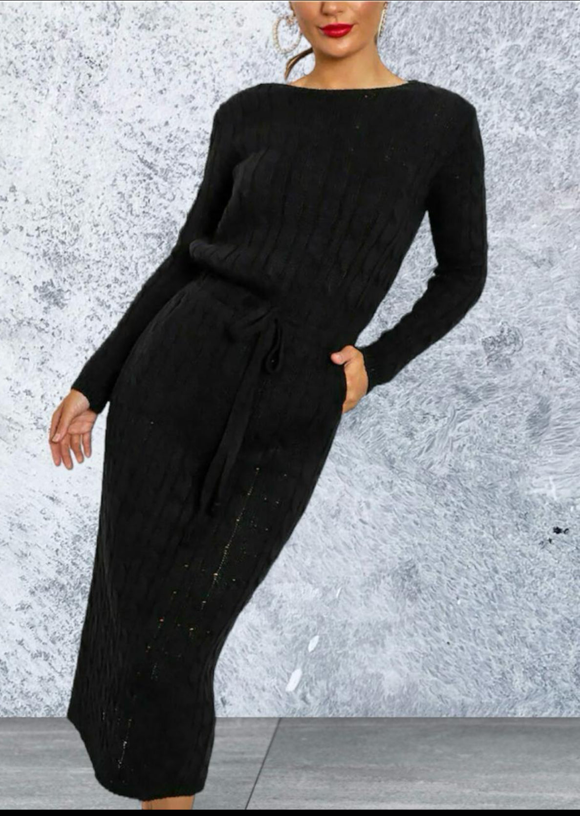 Women Ladies Cable Knitted Pocket Long Sleeve Tie Up Midi Party Jumper Dress Top Comfortable Womenswear Elegant