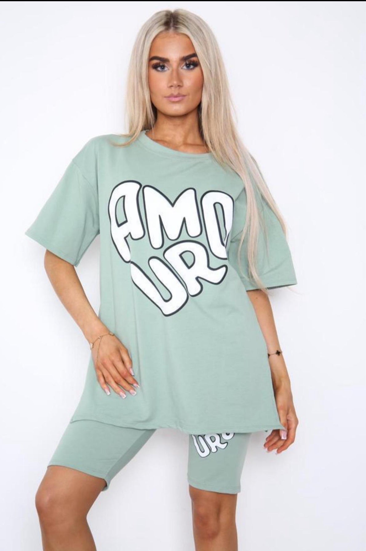 Cycling Short and T-Shirts Co-Ord Two Piece Side Slit Set with Front Printed Slogan