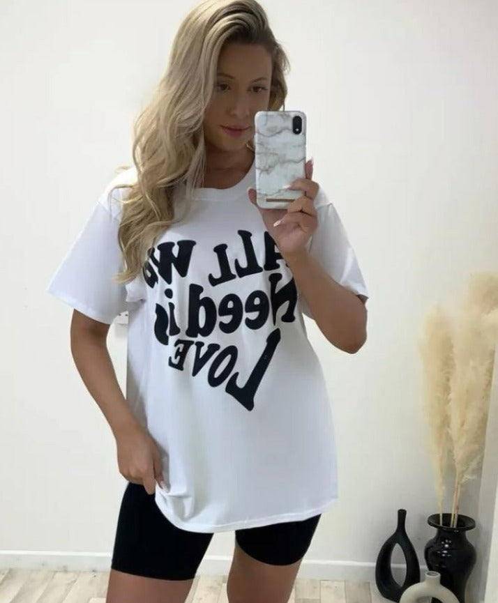Ladies short sleeve All we Need is Love Oversized Tee shirt top Womenswear