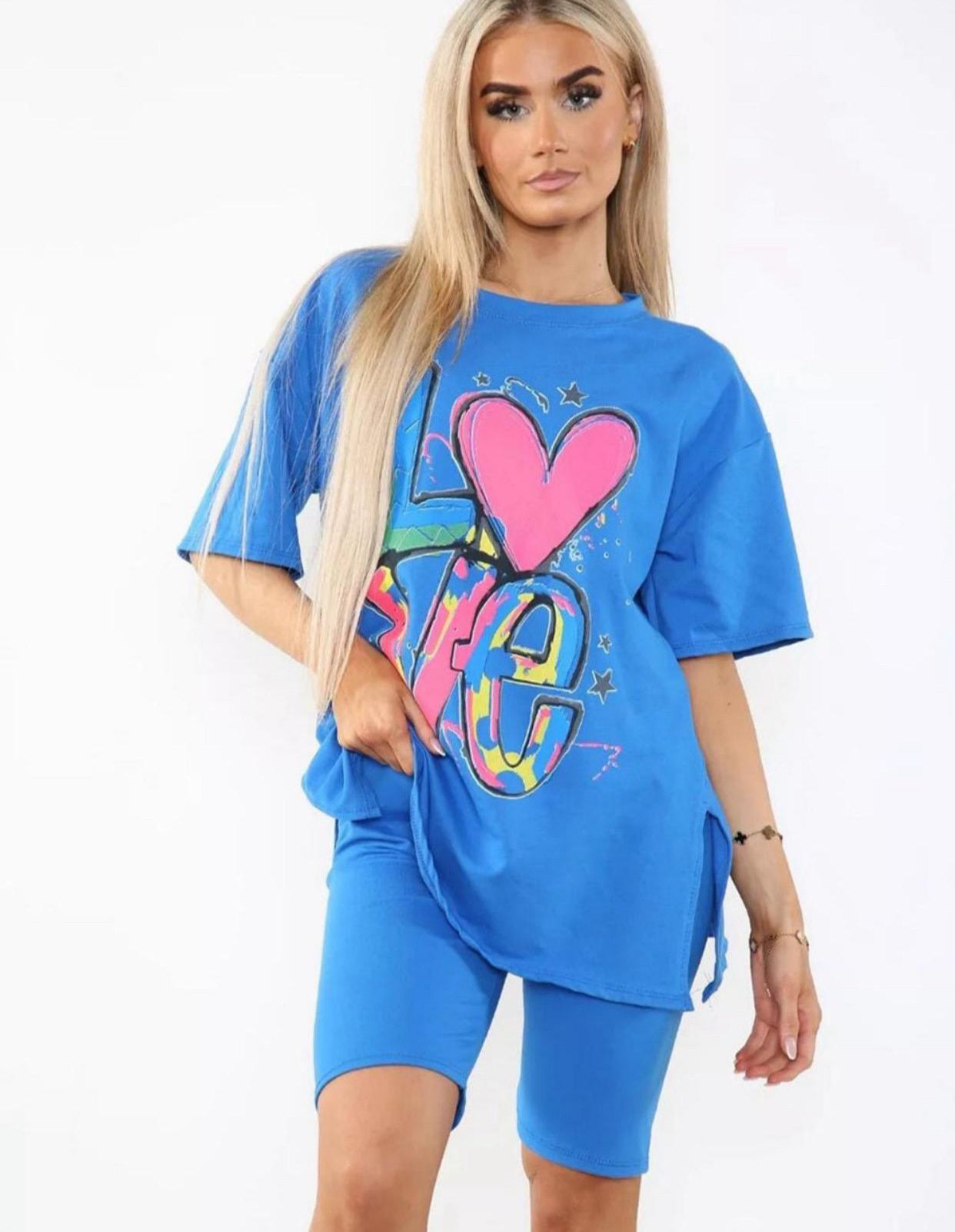 Love Side Slit Cycling Short and T-Shirts Co-Ord Two Piece Set with Front Love Slogan