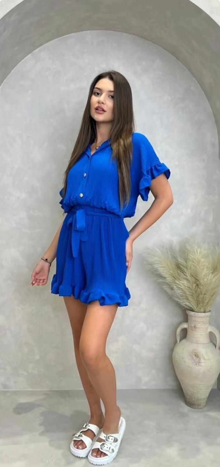 Women's Pleated Gold Button Tie Belted Collared Playsuit