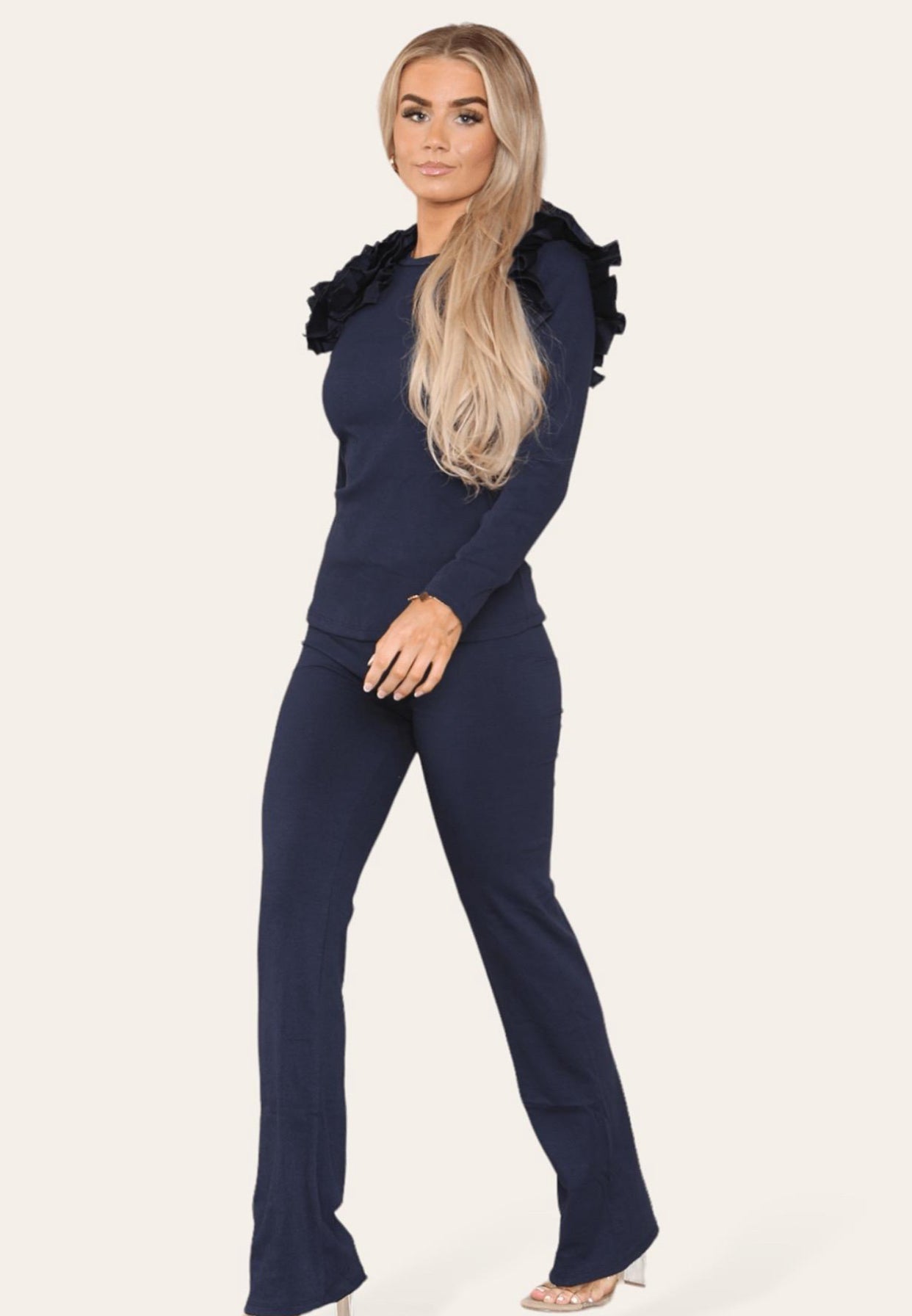 Ruffle Frill Shoulder Ribbed Loungewear Co-Ord Top & Trouser Set Womenswear