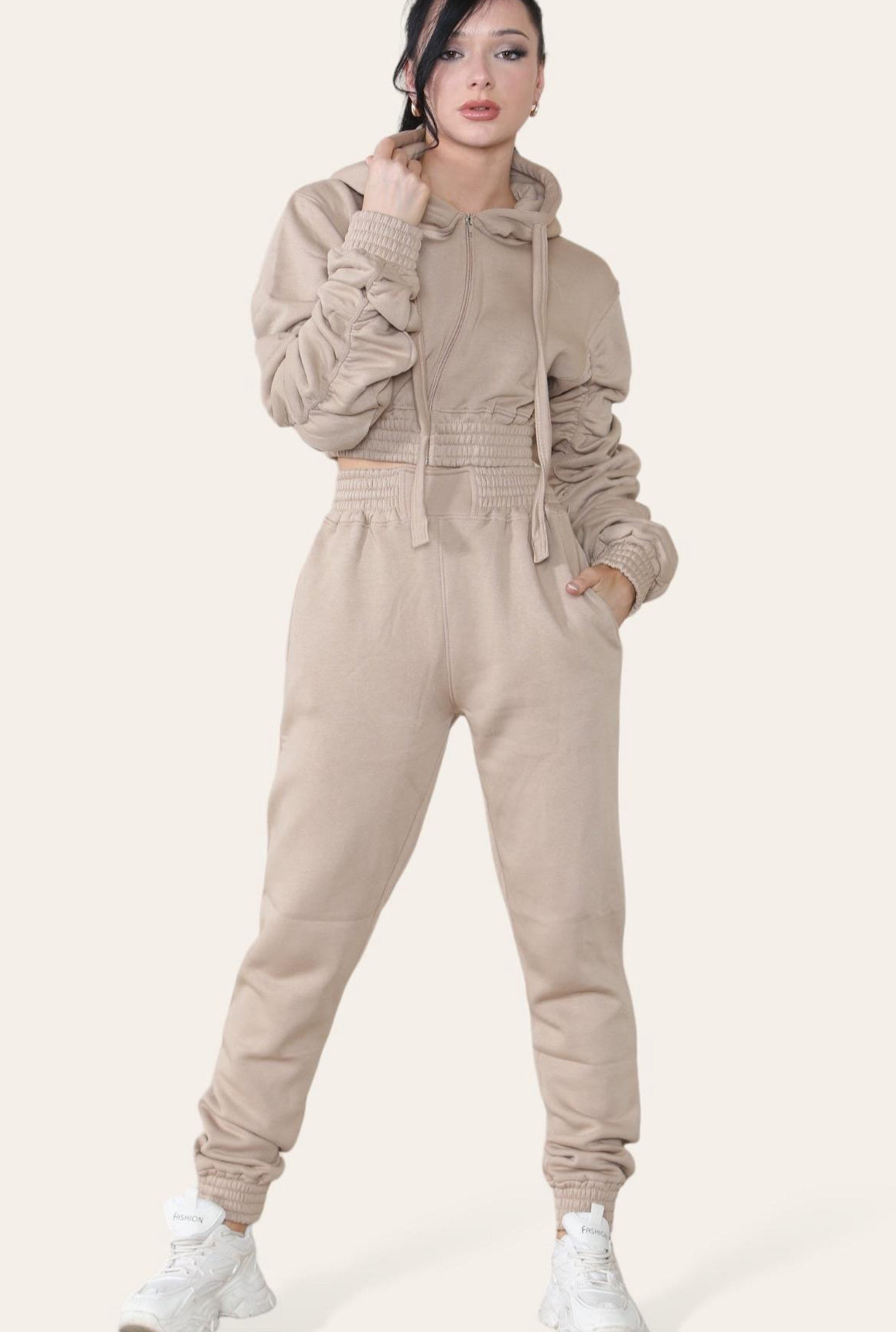 Ruched Sleeves Cropped Hoodie and Cropped Jogger Cuffed Bottom Loungewear Tracksuit Set