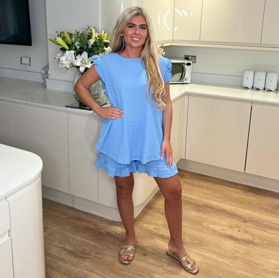 Women's Super Soft Pop Corn Materi Frill Sleeve Short 2PCS Co Ord Loungewear Sets Womenswear